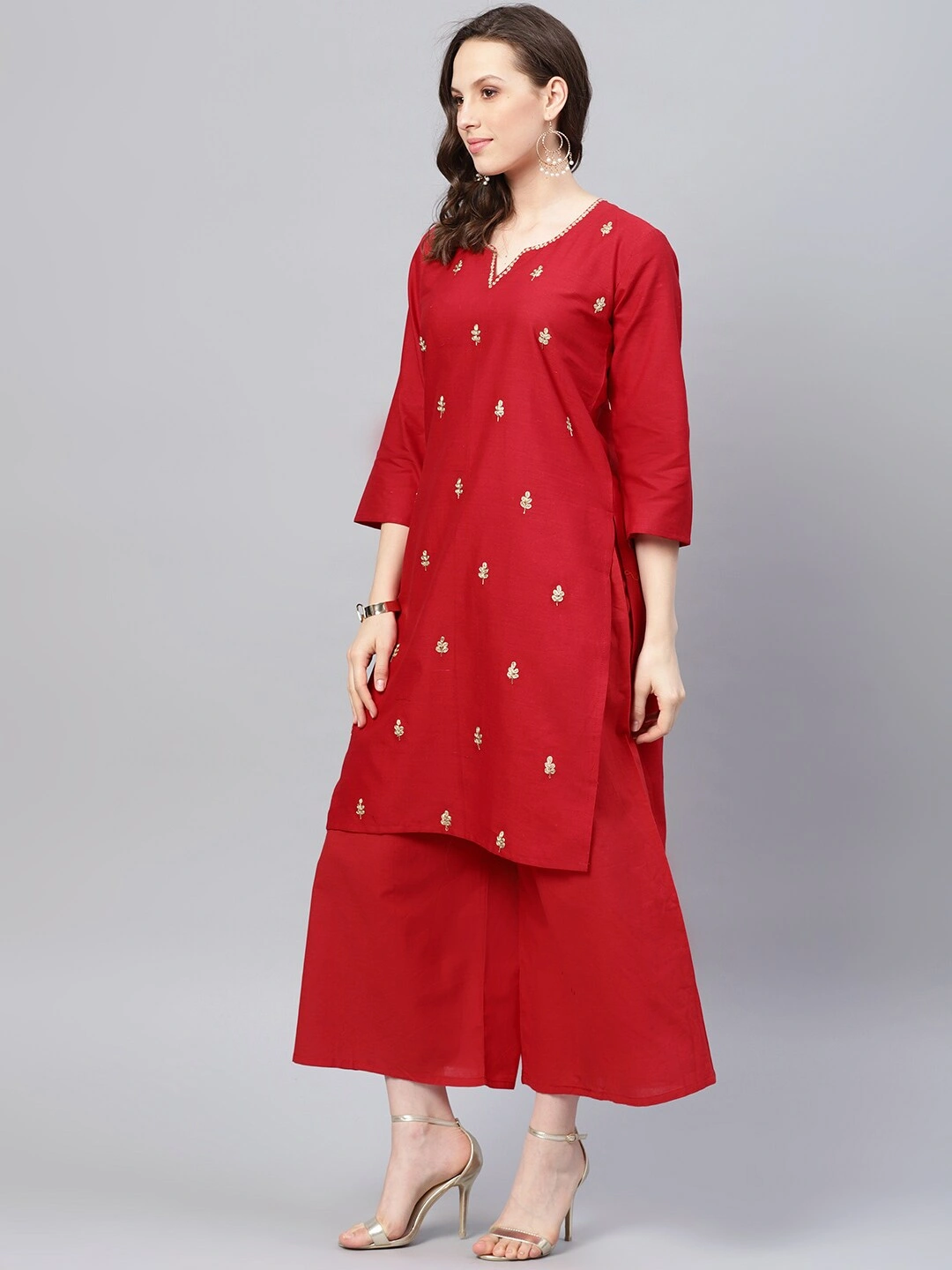 Bhama Couture Women Red Embroidered Kurta with Palazzos-L-2