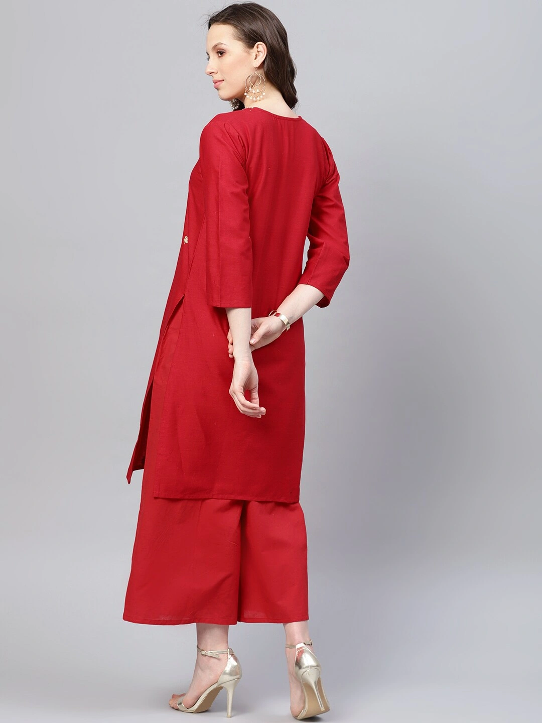 Bhama Couture Women Red Embroidered Kurta with Palazzos-L-3