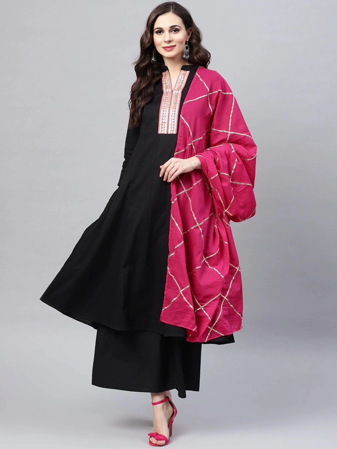 Bhama Couture Women Black Yoke Design Kurta with Palazzos &amp; Dupatta-BHKS178_M