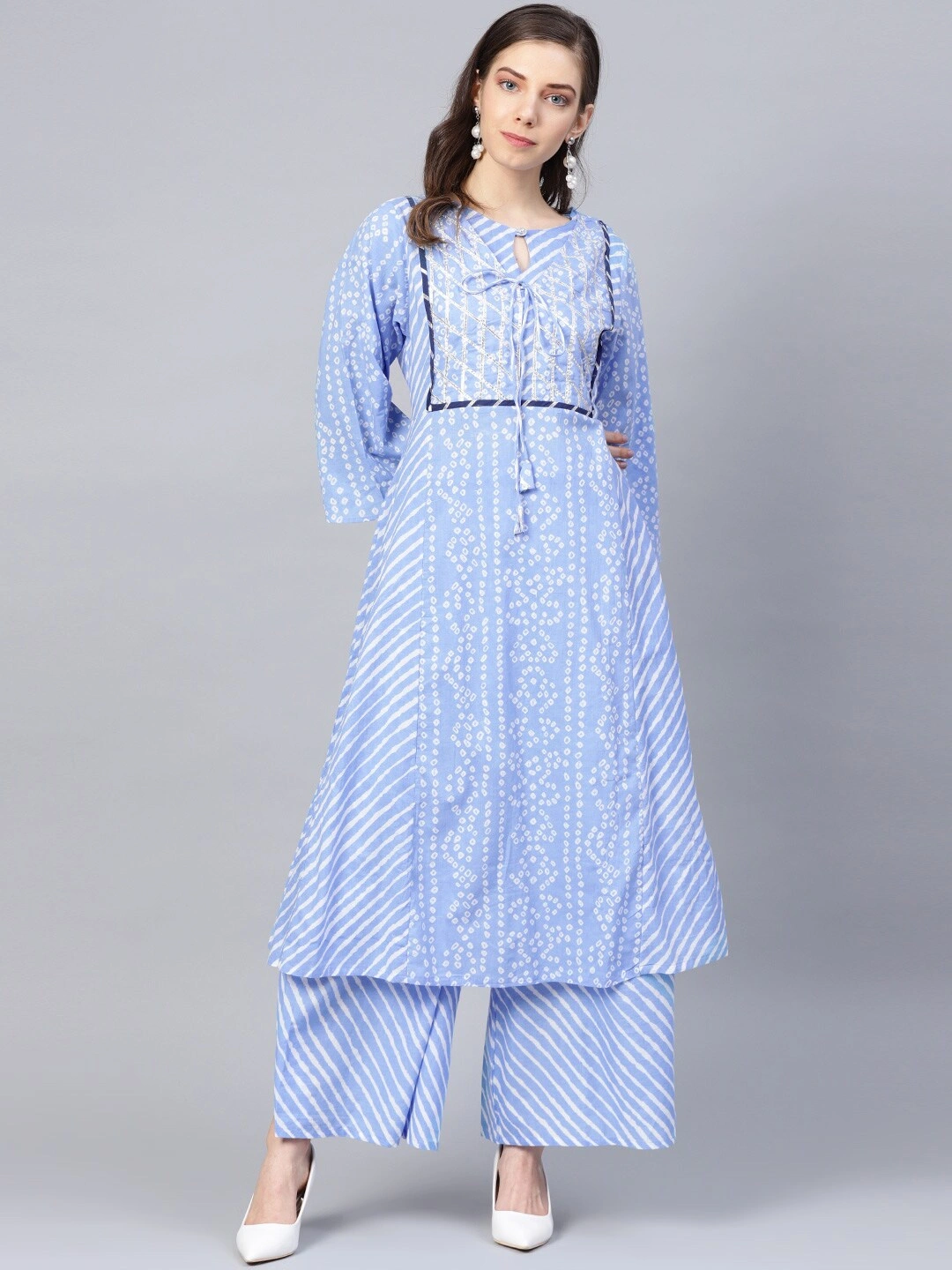 Bhama Couture Women Blue &amp; White Bandhani Printed Kurta with Palazzos-BHKS179_L