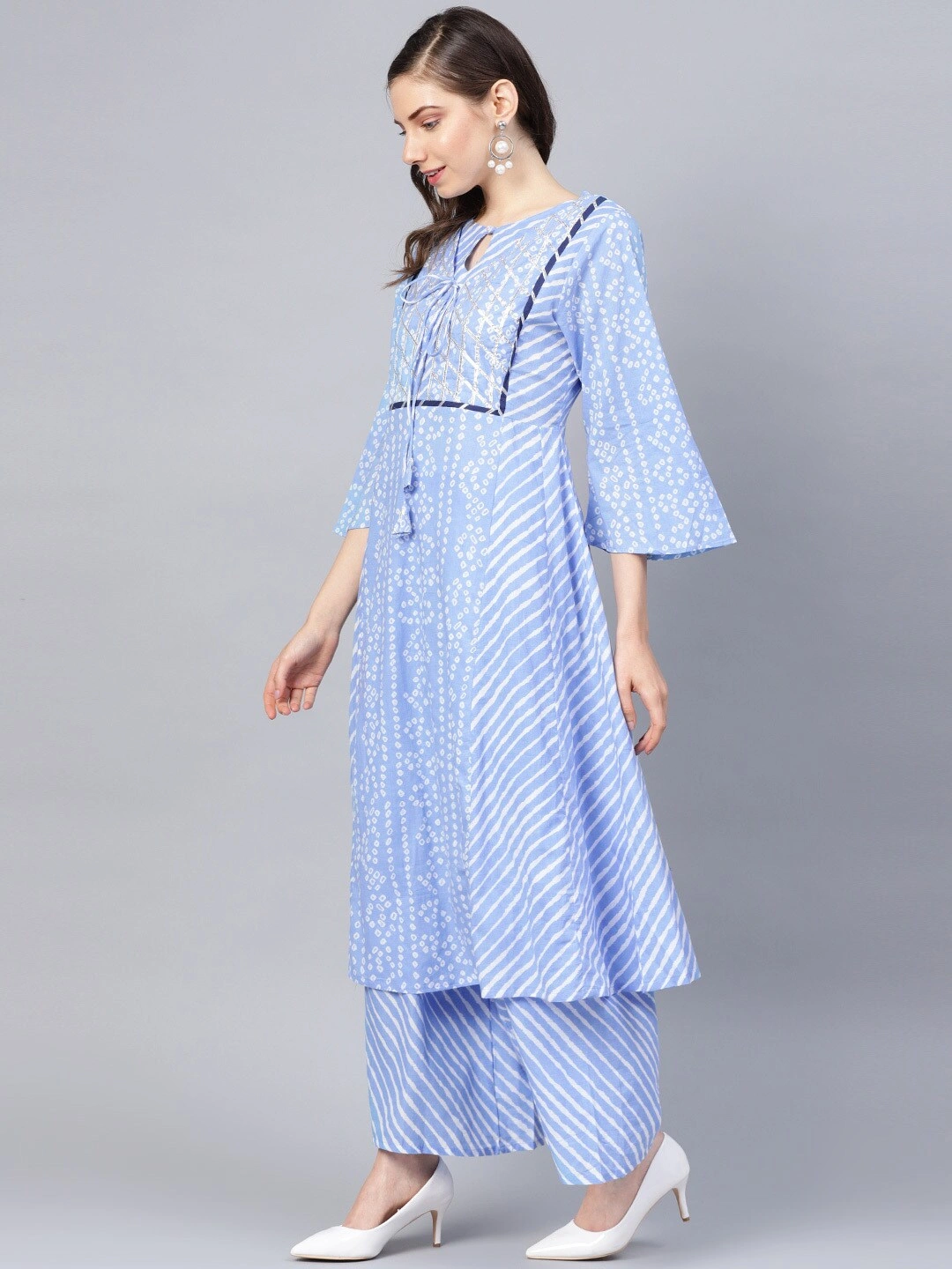 Bhama Couture Women Blue &amp; White Bandhani Printed Kurta with Palazzos-L-2