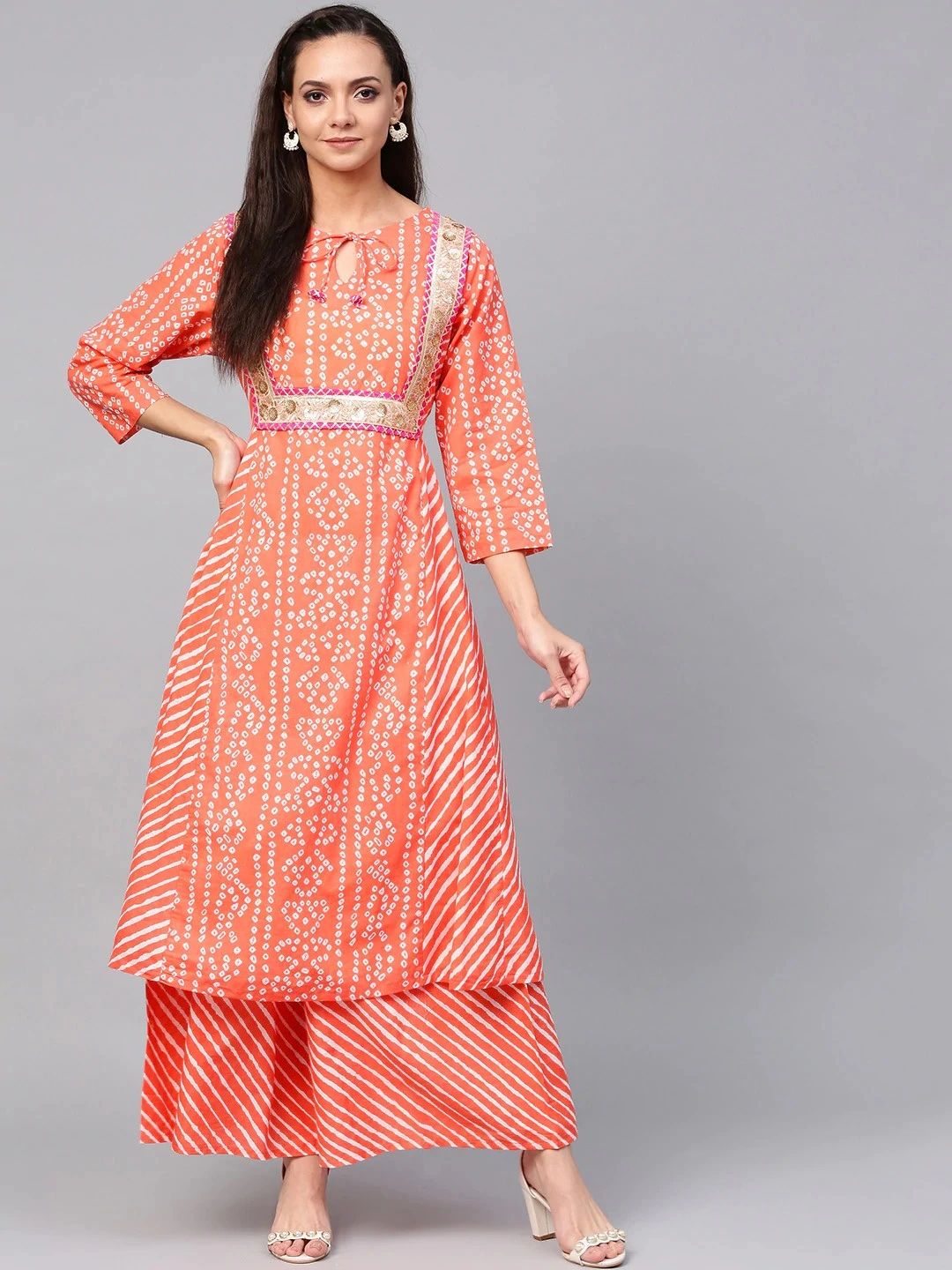 Bhama Couture Women Peach-Coloured &amp; Off-White Bandhani Print Kurta with Palazzos-BHKS180_L