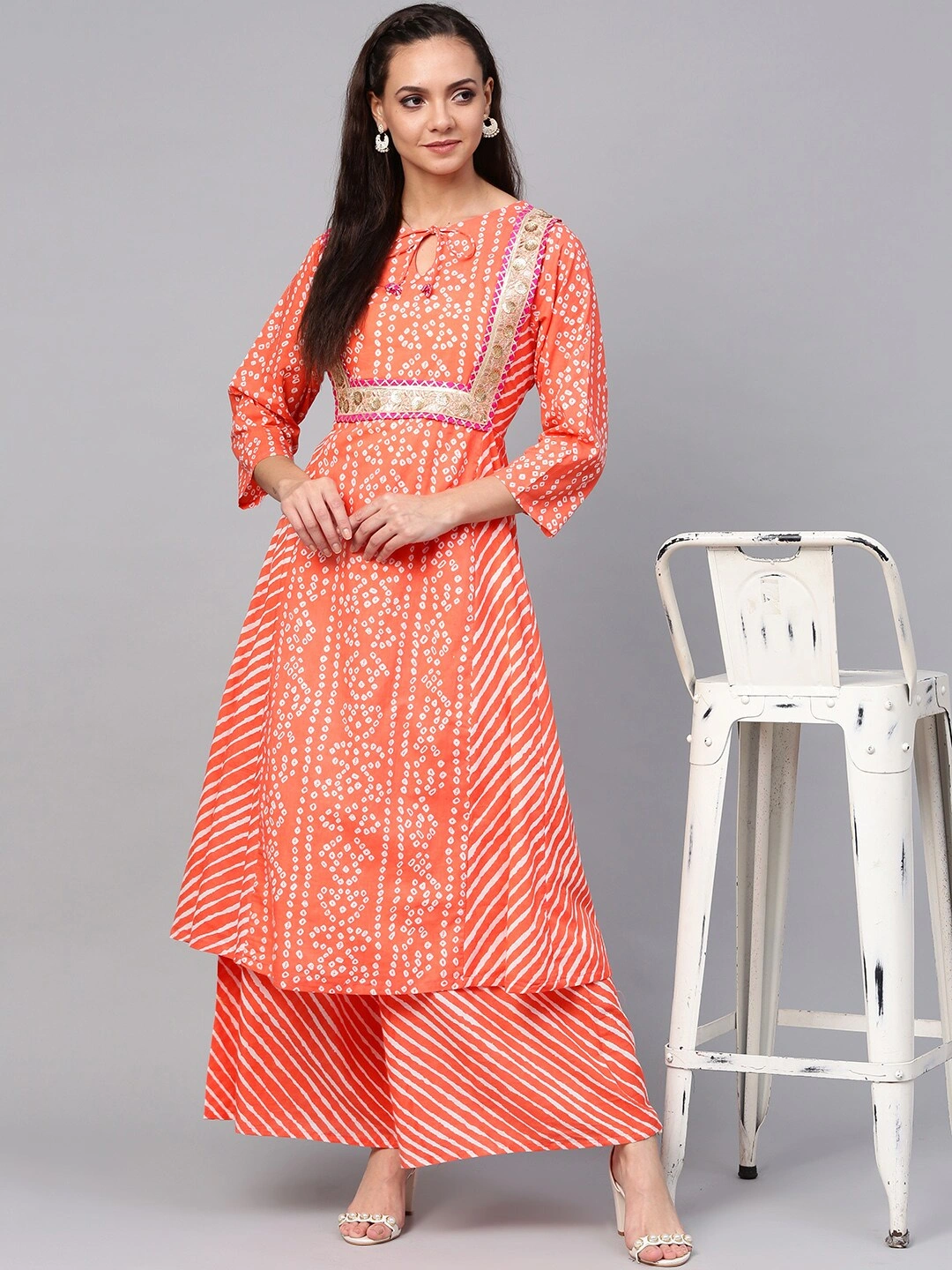 Bhama Couture Women Peach-Coloured &amp; Off-White Bandhani Print Kurta with Palazzos-L-1