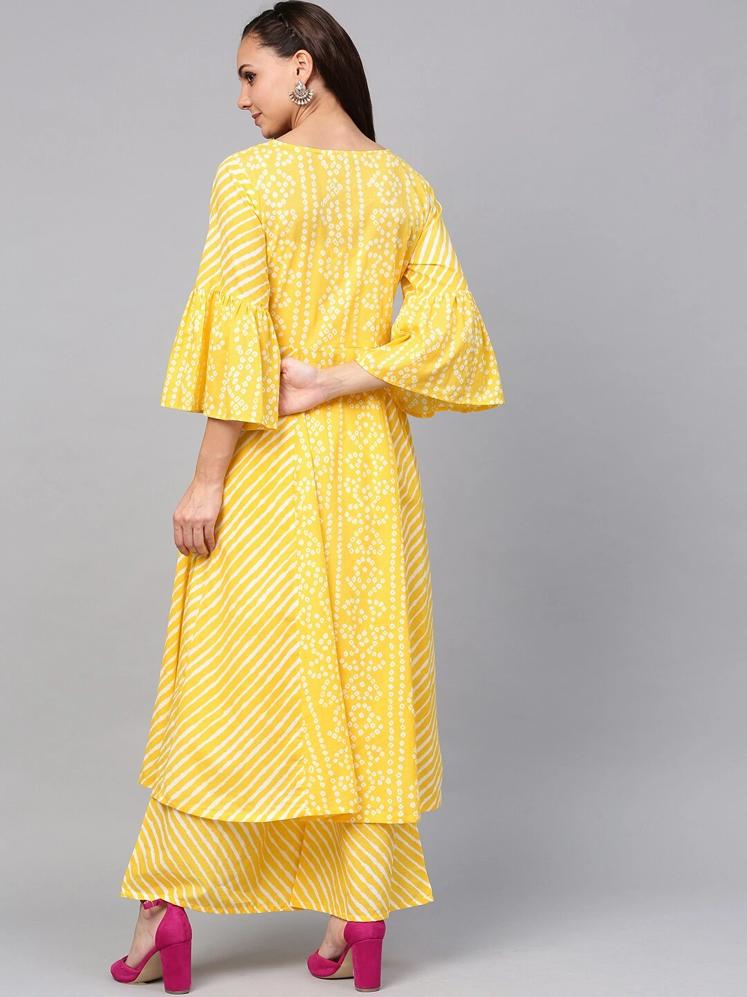 Bhama Couture Women Yellow &amp; White Bandhani Print Kurta with Palazzos-L-3