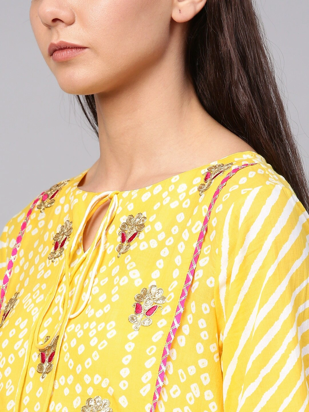 Bhama Couture Women Yellow &amp; White Bandhani Print Kurta with Palazzos-L-4