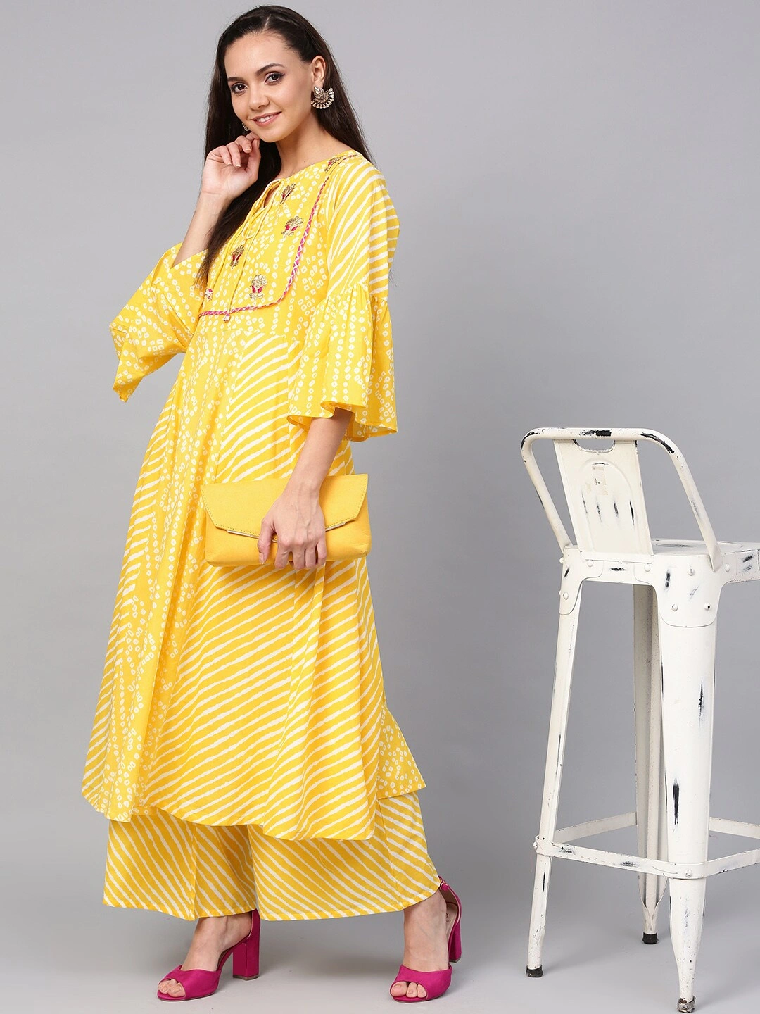 Bhama Couture Women Yellow &amp; White Bandhani Print Kurta with Palazzos-M-1