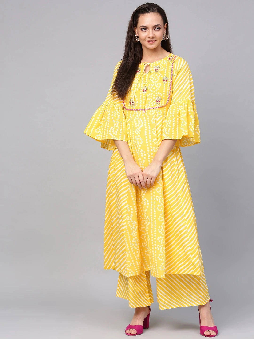 Bhama Couture Women Yellow &amp; White Bandhani Print Kurta with Palazzos-BHKS182_XL