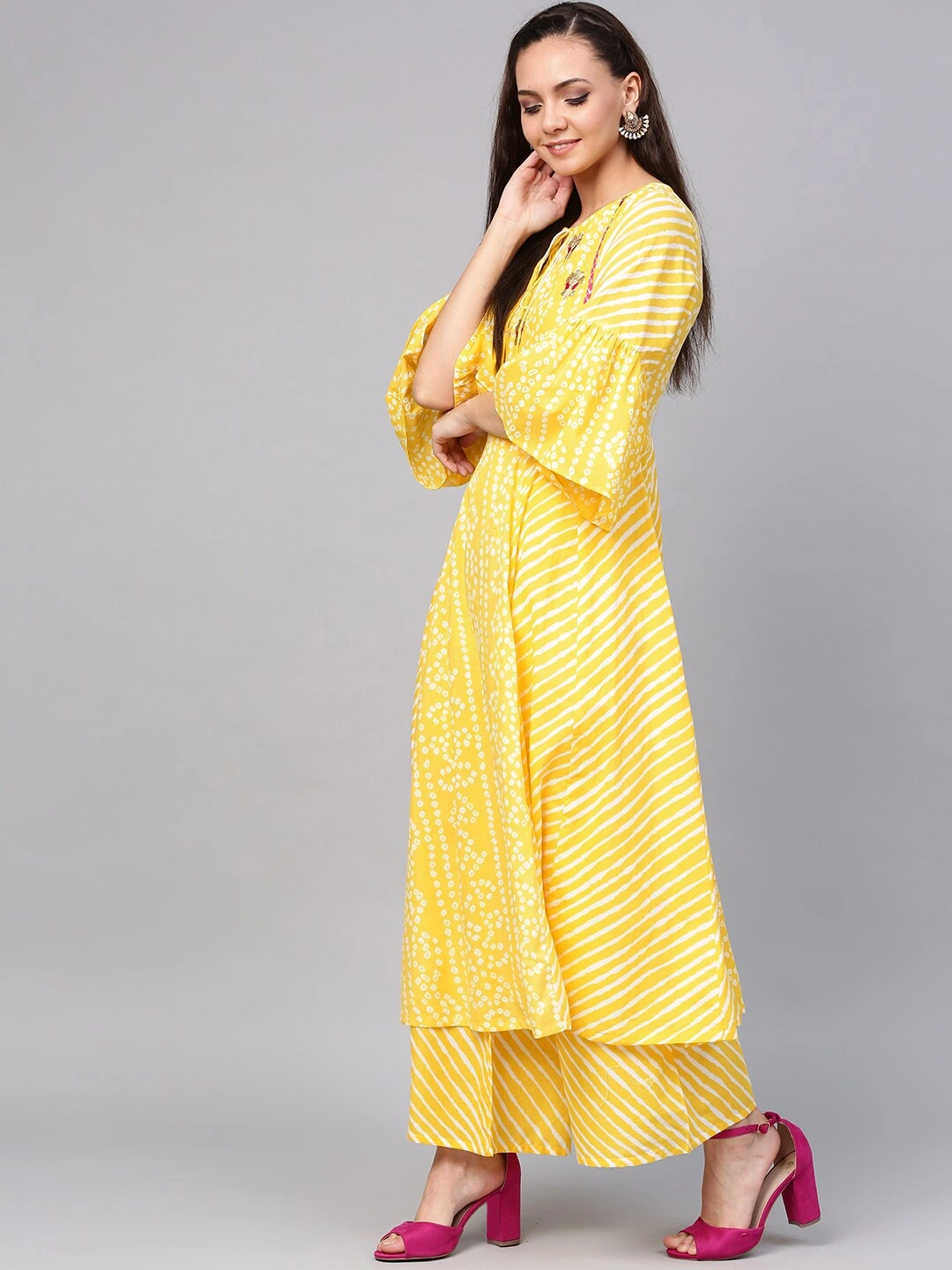 Bhama Couture Women Yellow &amp; White Bandhani Print Kurta with Palazzos-XL-2