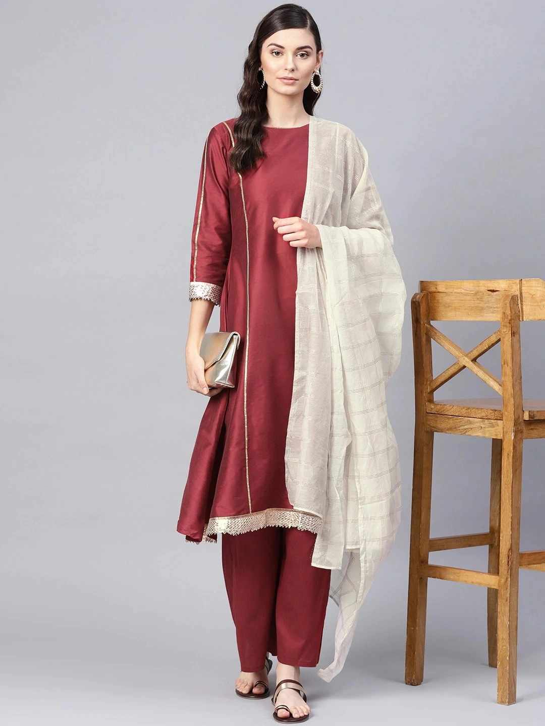 Bhama Couture Women Maroon Gotta Patti Detail Silk Kurta with Palazzos &amp; Dupatta-BHKS183_L