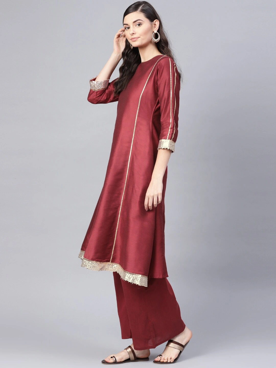 Bhama Couture Women Maroon Gotta Patti Detail Silk Kurta with Palazzos &amp; Dupatta-S-1