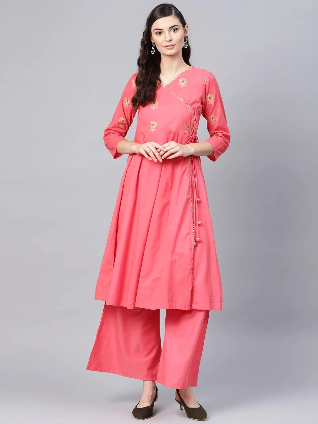 Bhama Couture Women Coral Pink Yoke Design Angrakha Kurta with Palazzos-BHKS184_L