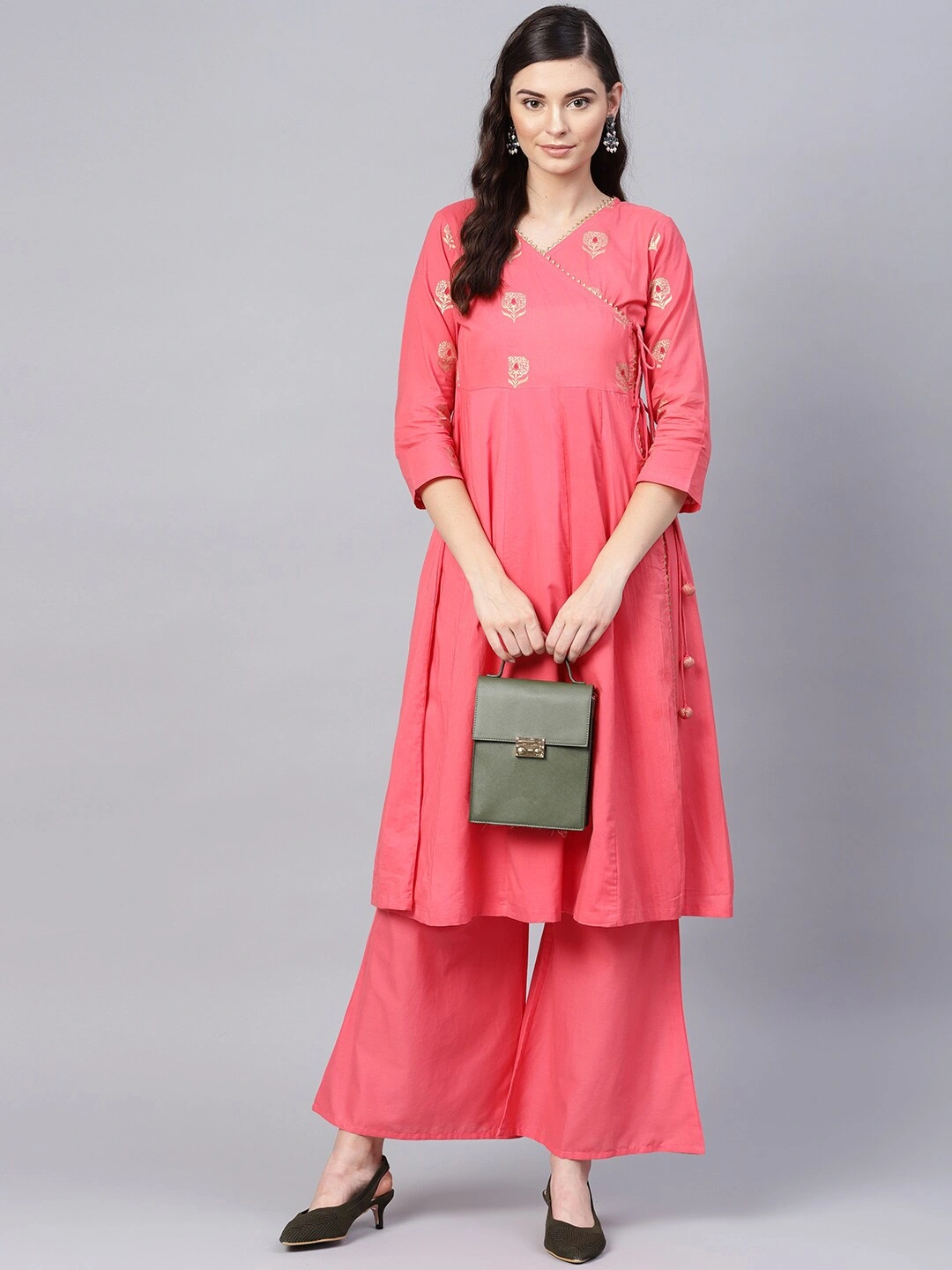 Bhama Couture Women Coral Pink Yoke Design Angrakha Kurta with Palazzos-L-1