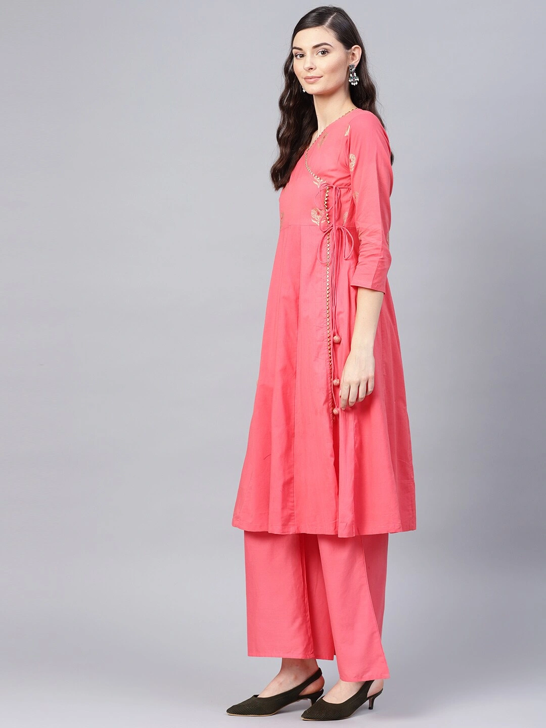 Bhama Couture Women Coral Pink Yoke Design Angrakha Kurta with Palazzos-M-2