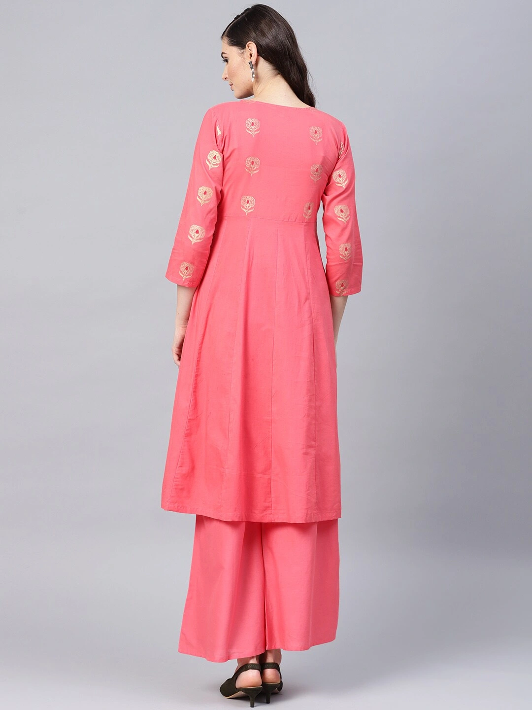 Bhama Couture Women Coral Pink Yoke Design Angrakha Kurta with Palazzos-M-3