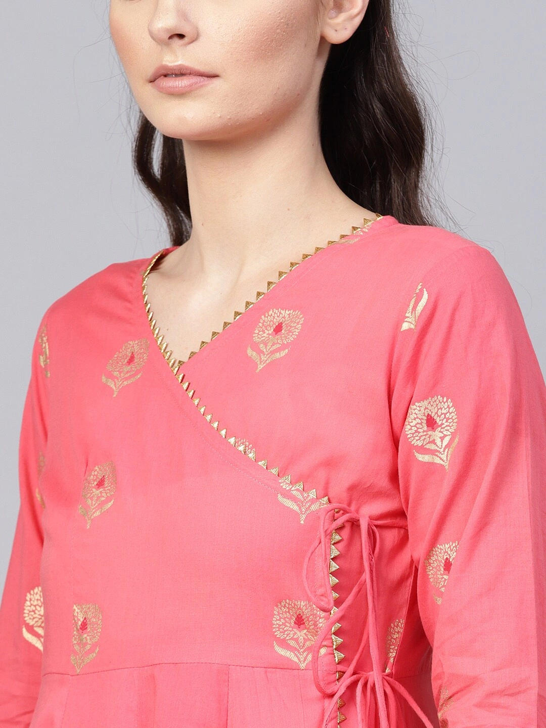 Bhama Couture Women Coral Pink Yoke Design Angrakha Kurta with Palazzos-M-4