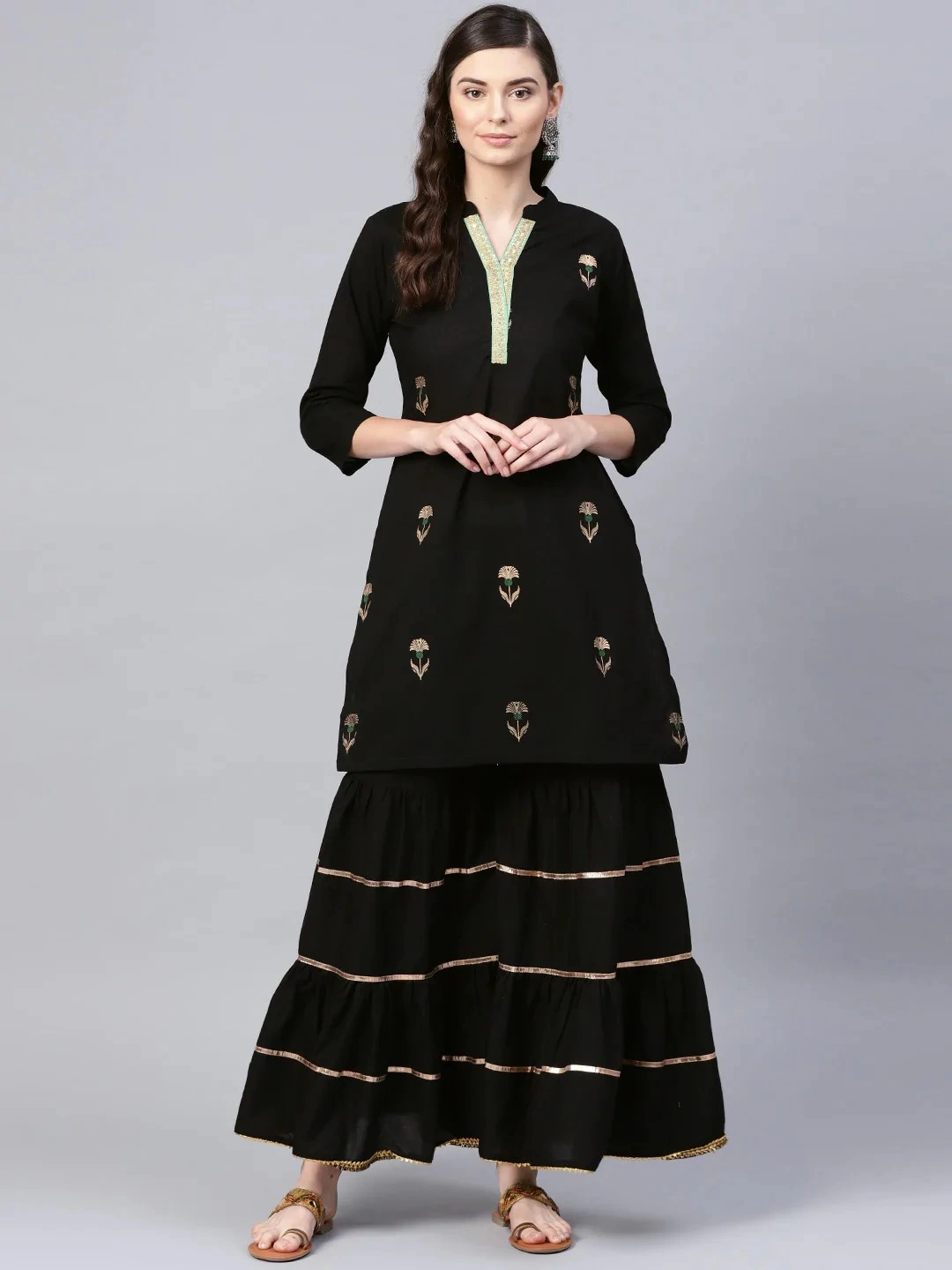 Bhama Couture Women Black Foil Printed Kurta with Sharara-BHKS189_L