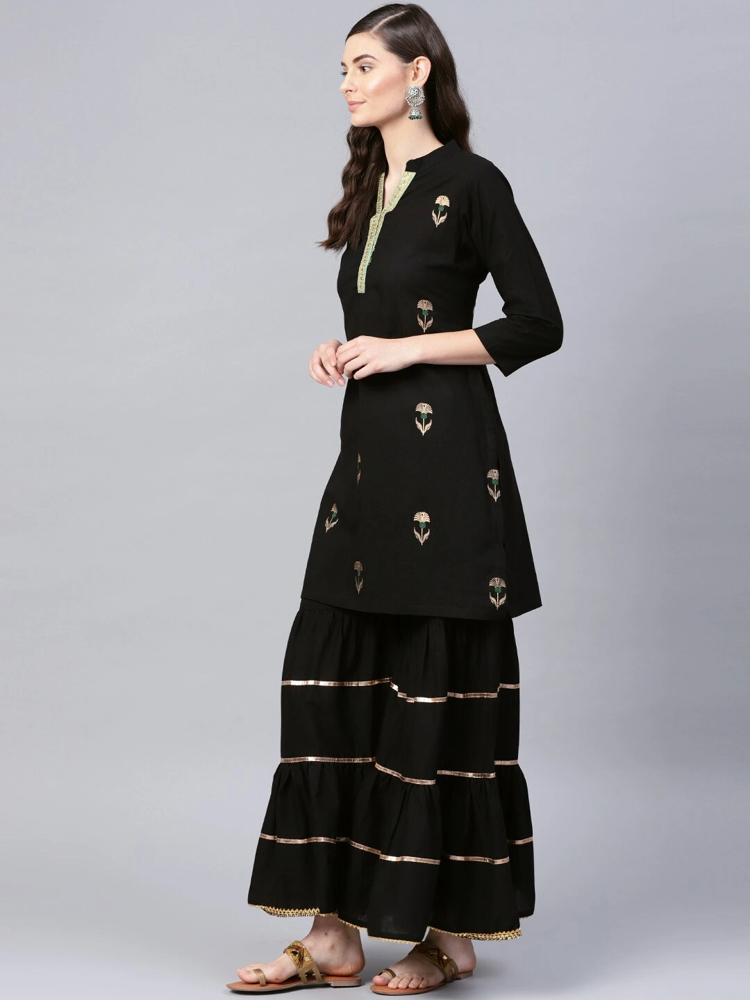 Bhama Couture Women Black Foil Printed Kurta with Sharara-L-2