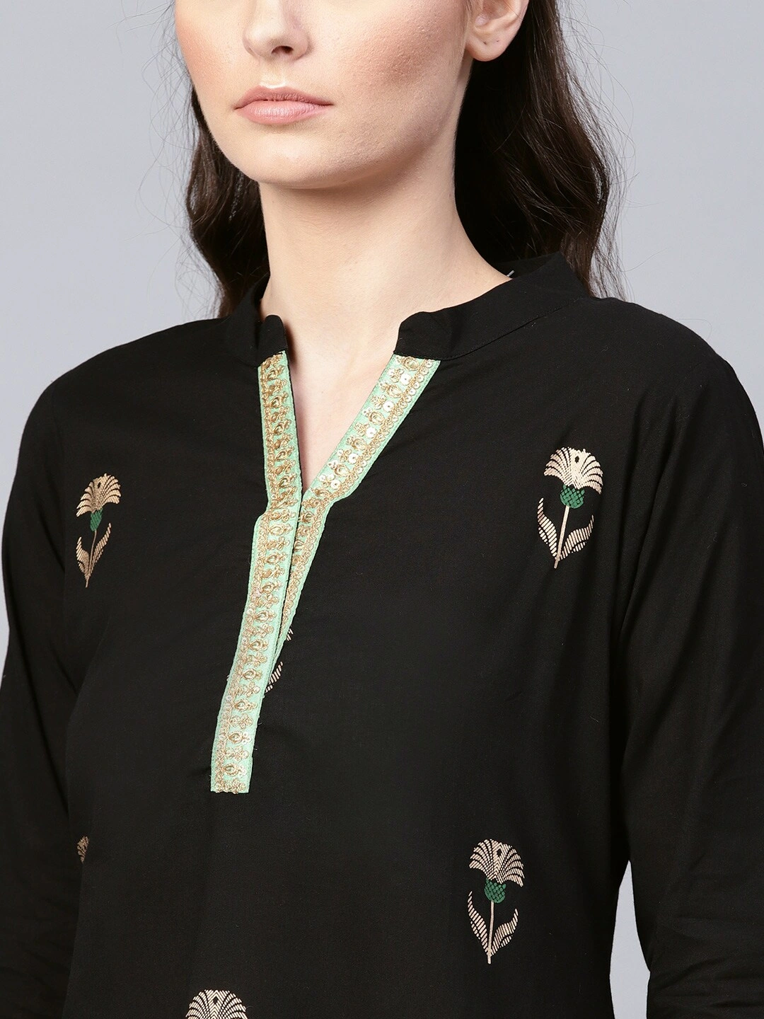 Bhama Couture Women Black Foil Printed Kurta with Sharara-L-4