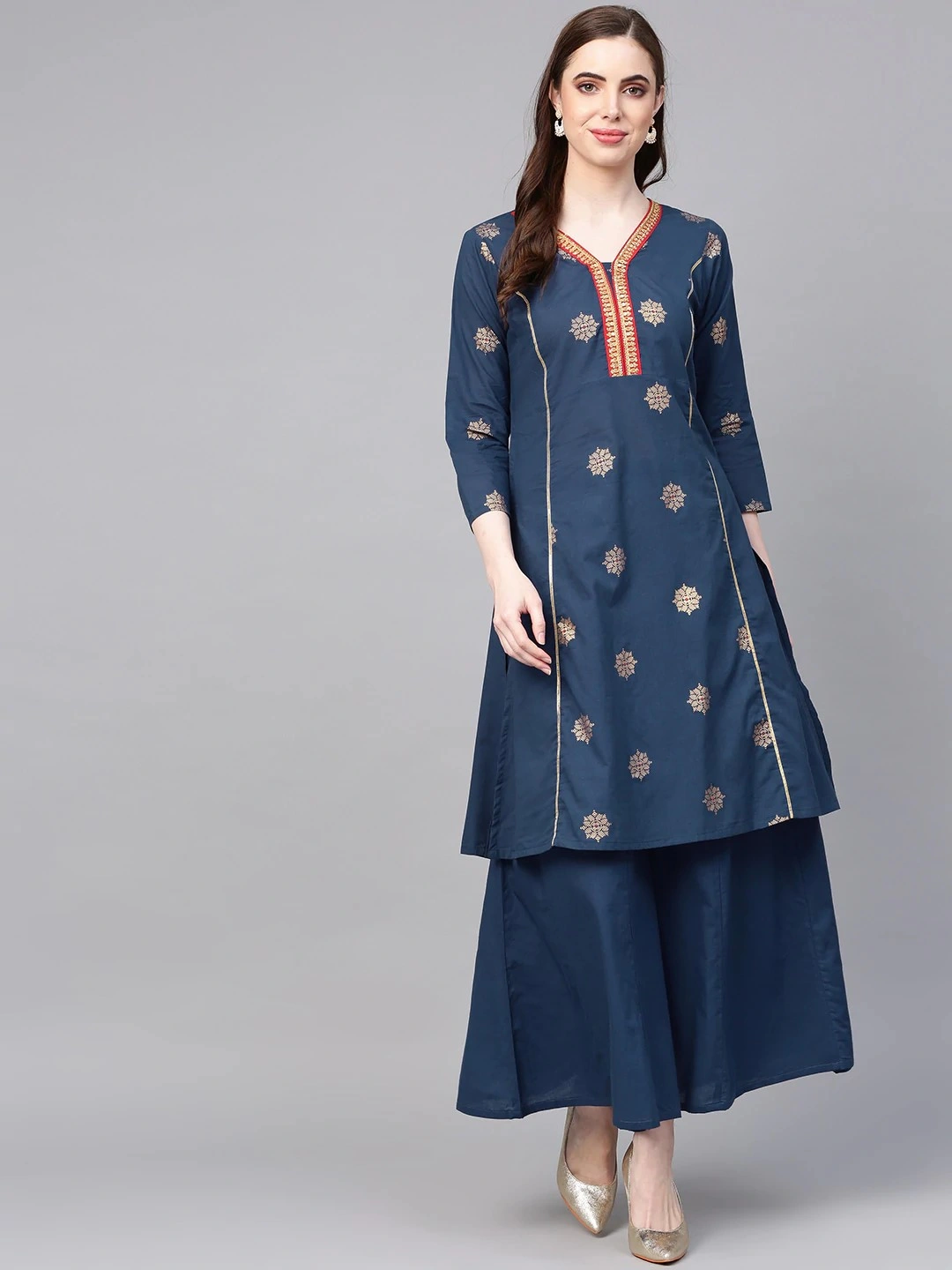 Bhama Couture Women Teal Blue &amp; Golden Printed A-Line Kurta with Palazzos-BHKS190_L