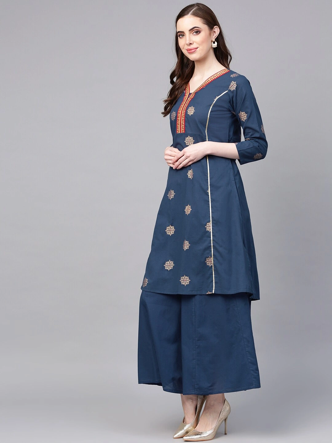 Bhama Couture Women Teal Blue &amp; Golden Printed A-Line Kurta with Palazzos-L-1