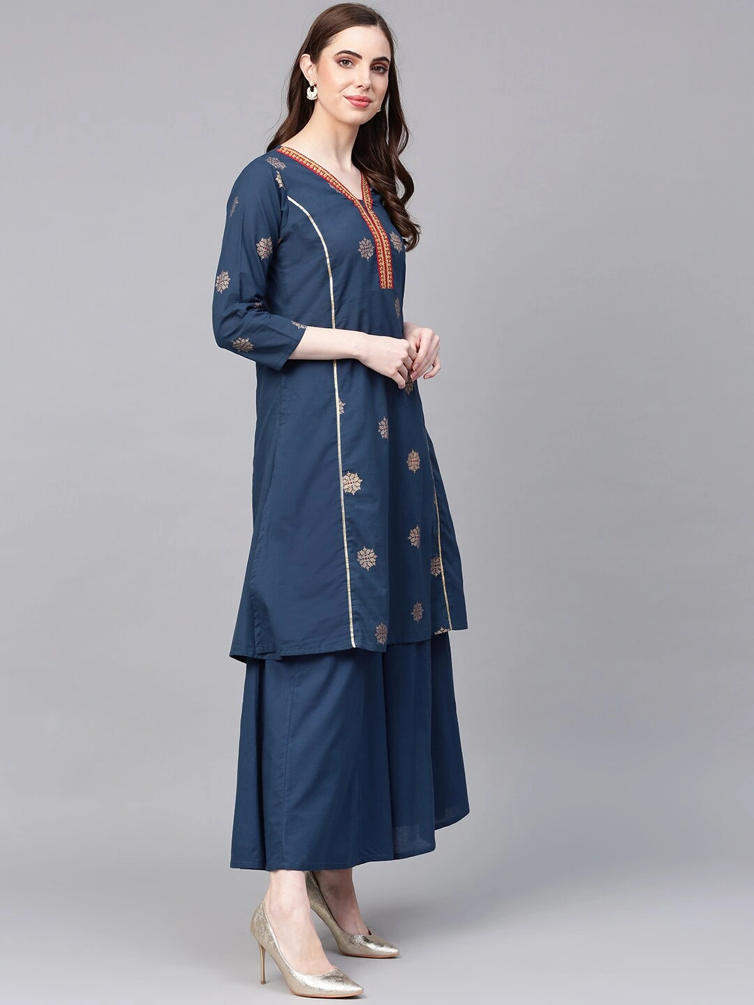 Bhama Couture Women Teal Blue &amp; Golden Printed A-Line Kurta with Palazzos-M-2