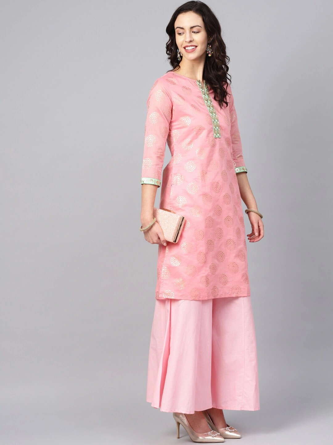 Bhama Couture Women Pink &amp; Golden Printed Kurta with Palazzos-L-1