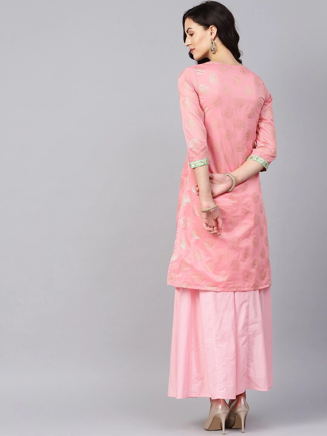 Bhama Couture Women Pink &amp; Golden Printed Kurta with Palazzos-L-3