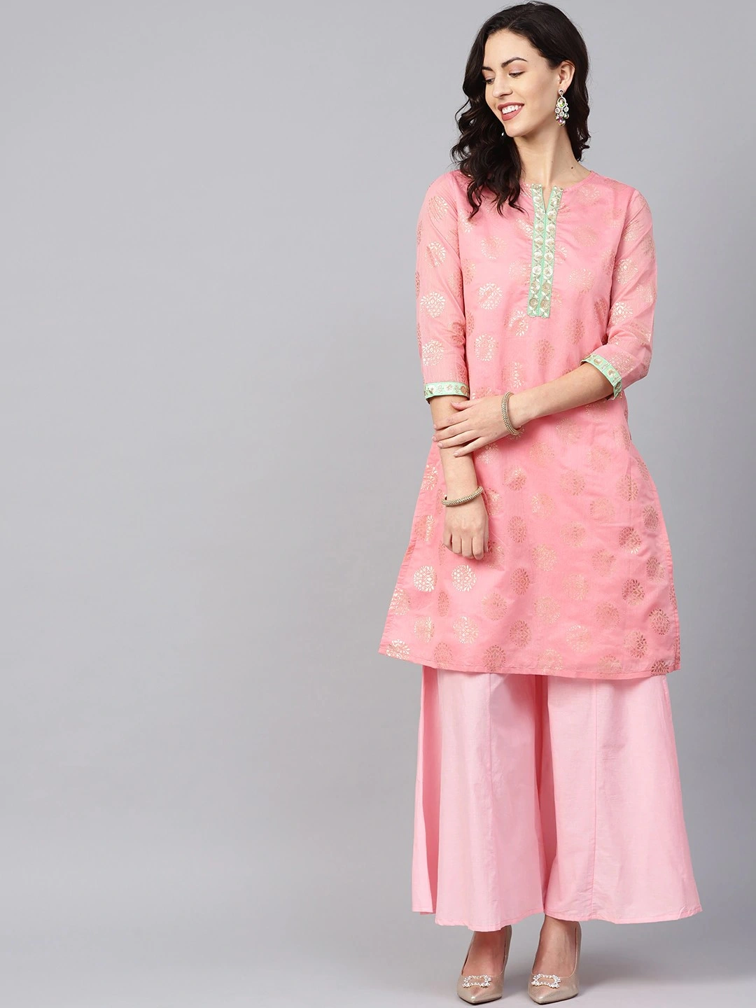 Bhama Couture Women Pink &amp; Golden Printed Kurta with Palazzos-BHKS192_M