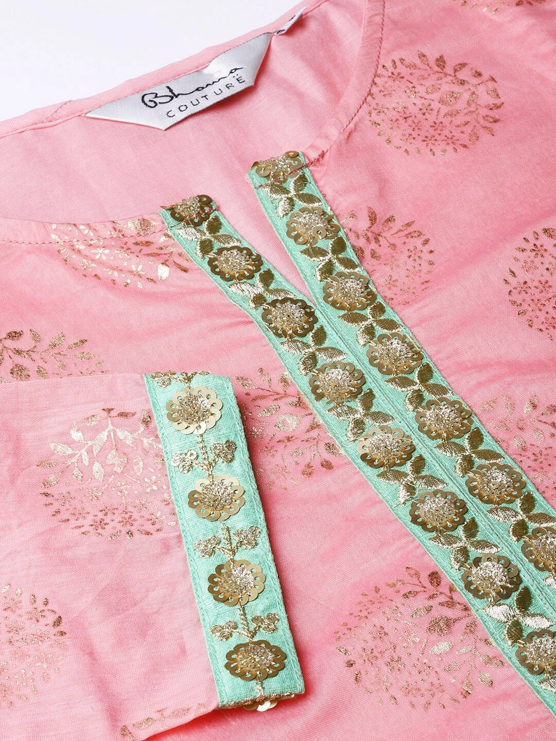 Bhama Couture Women Pink &amp; Golden Printed Kurta with Palazzos-M-4