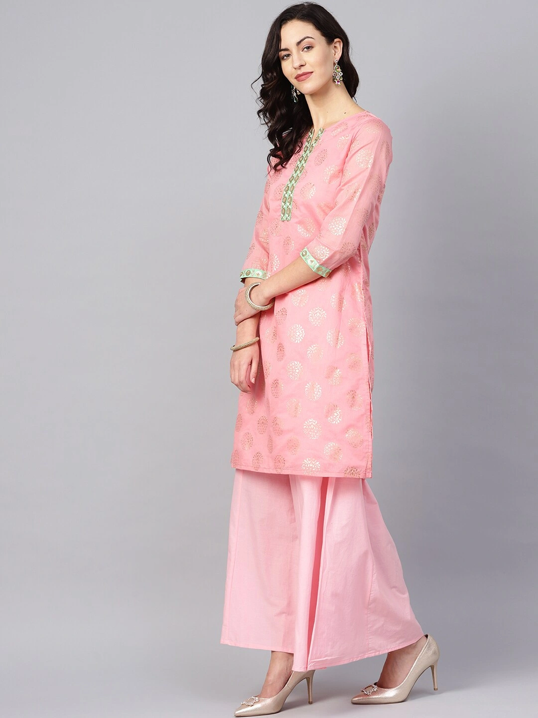 Bhama Couture Women Pink &amp; Golden Printed Kurta with Palazzos-XL-2