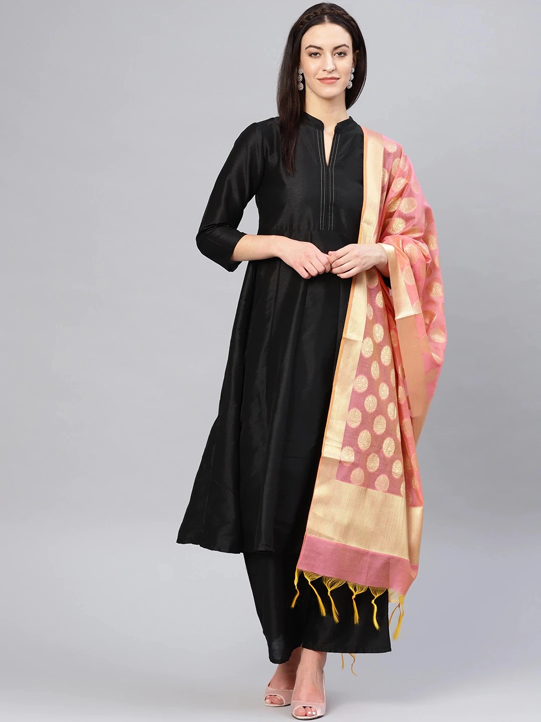 Bhama Couture Women Black Solid Kurta with Palazzos &amp; Dupatta-BHKS195_L