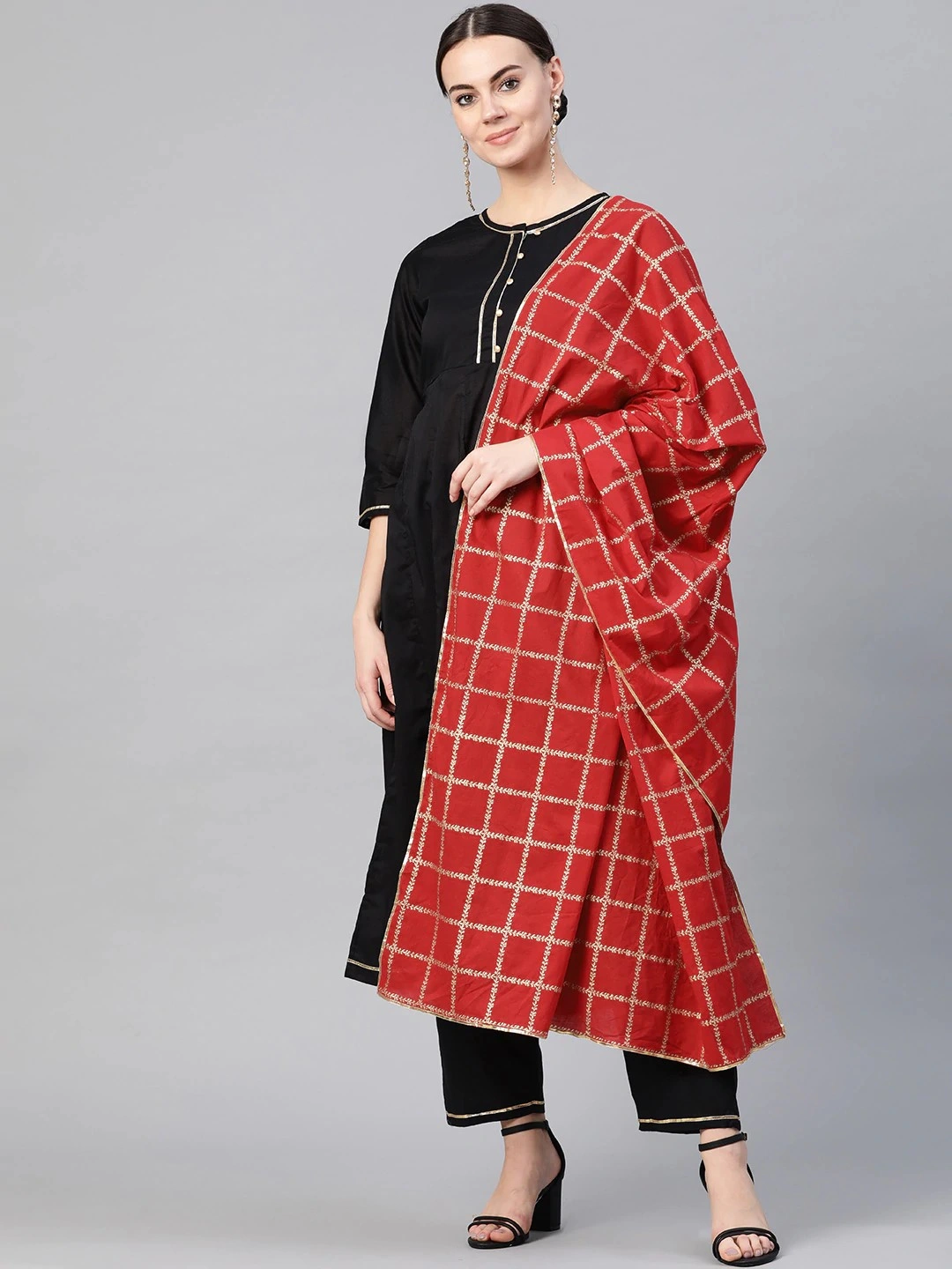 Bhama Couture Women Black &amp; Red Solid Kurta with Trousers &amp; Dupatta-BHKS206_XXL