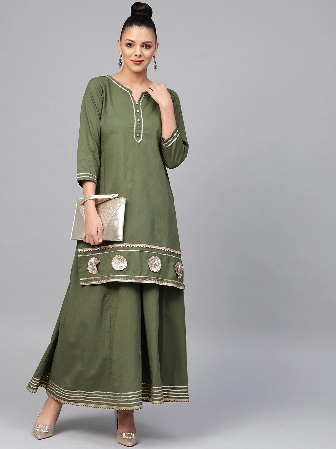 Bhama Couture Women Green Solid Kurta with Skirt-M-1