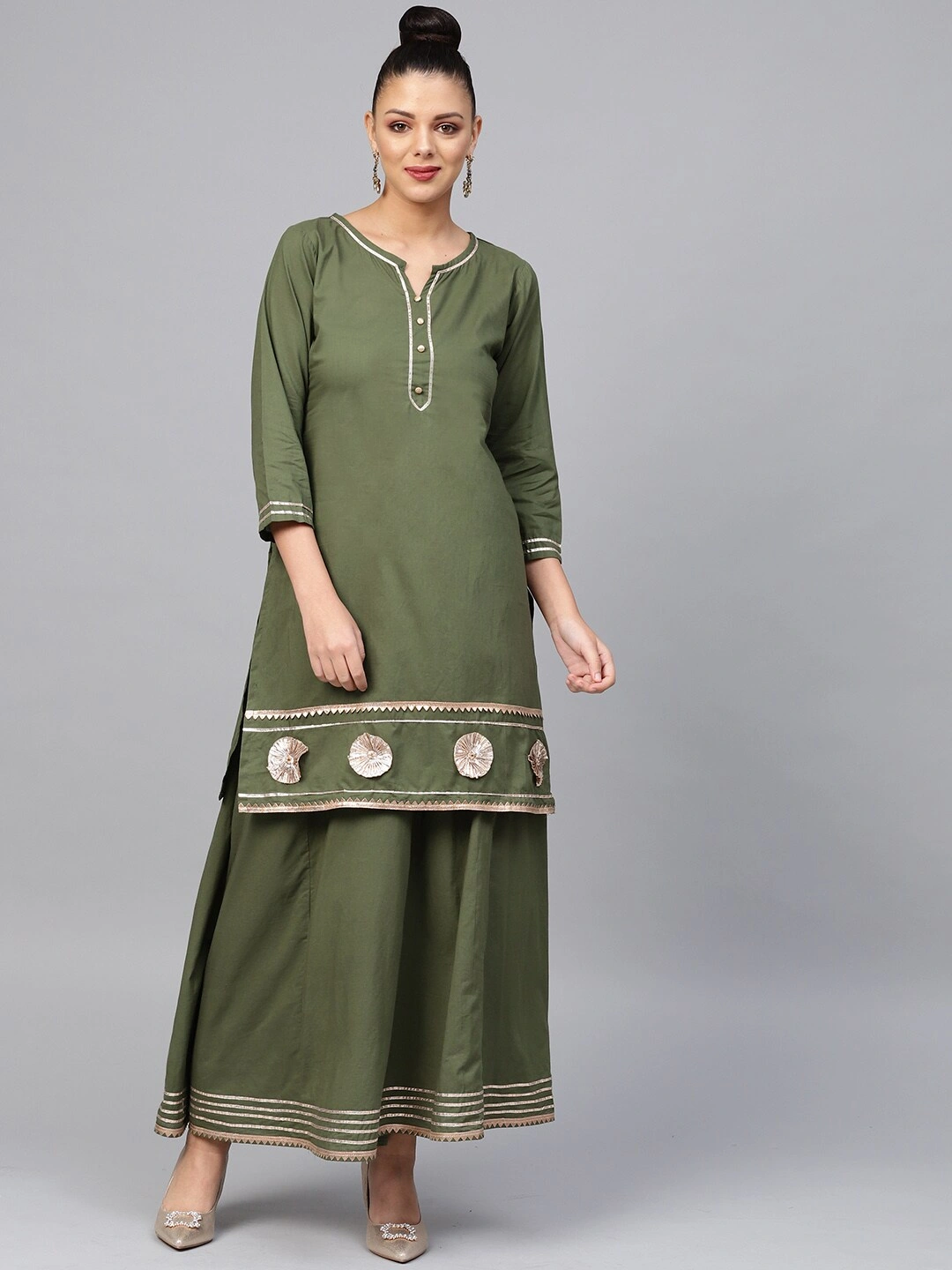 Bhama Couture Women Green Solid Kurta with Skirt-BHKS196_S