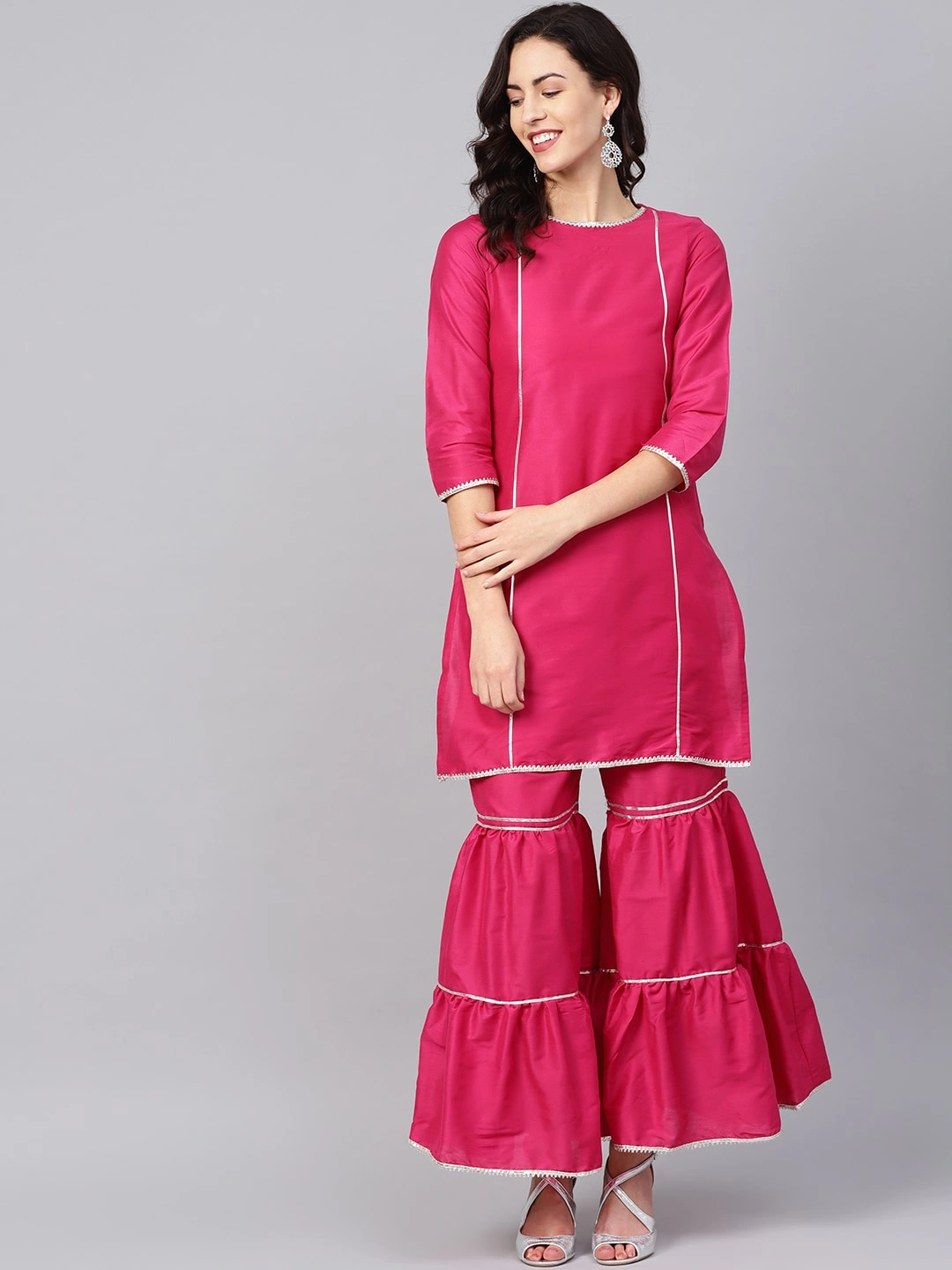 Bhama Couture Women Pink Silk Solid Kurta with Sharara-BHKS197_L