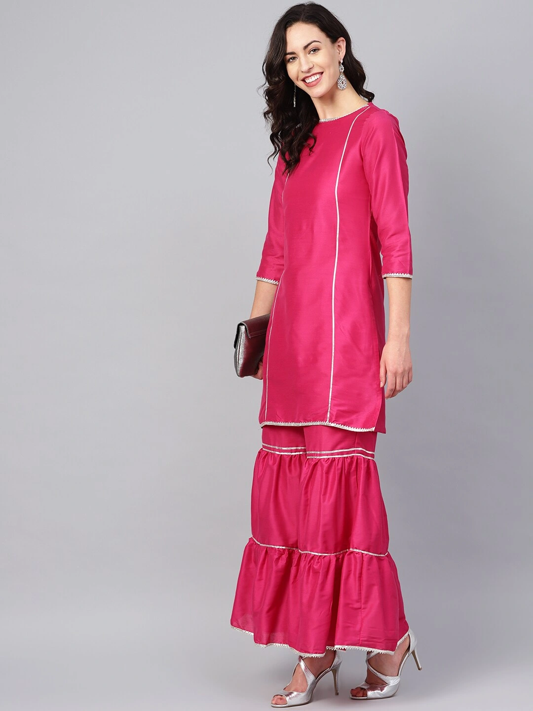 Bhama Couture Women Pink Silk Solid Kurta with Sharara-XL-1