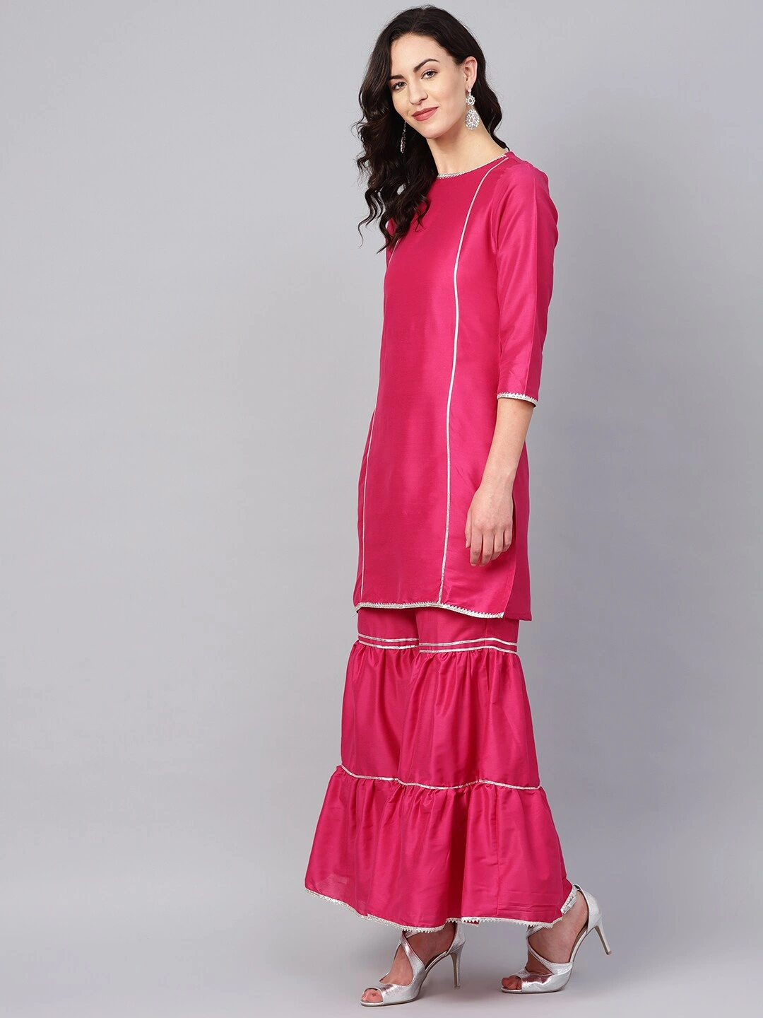 Bhama Couture Women Pink Silk Solid Kurta with Sharara-XL-2