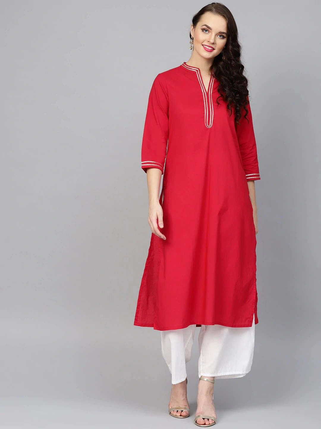 Bhama Couture Women Red &amp; White Solid Kurta with Palazzos-BHKS198_L