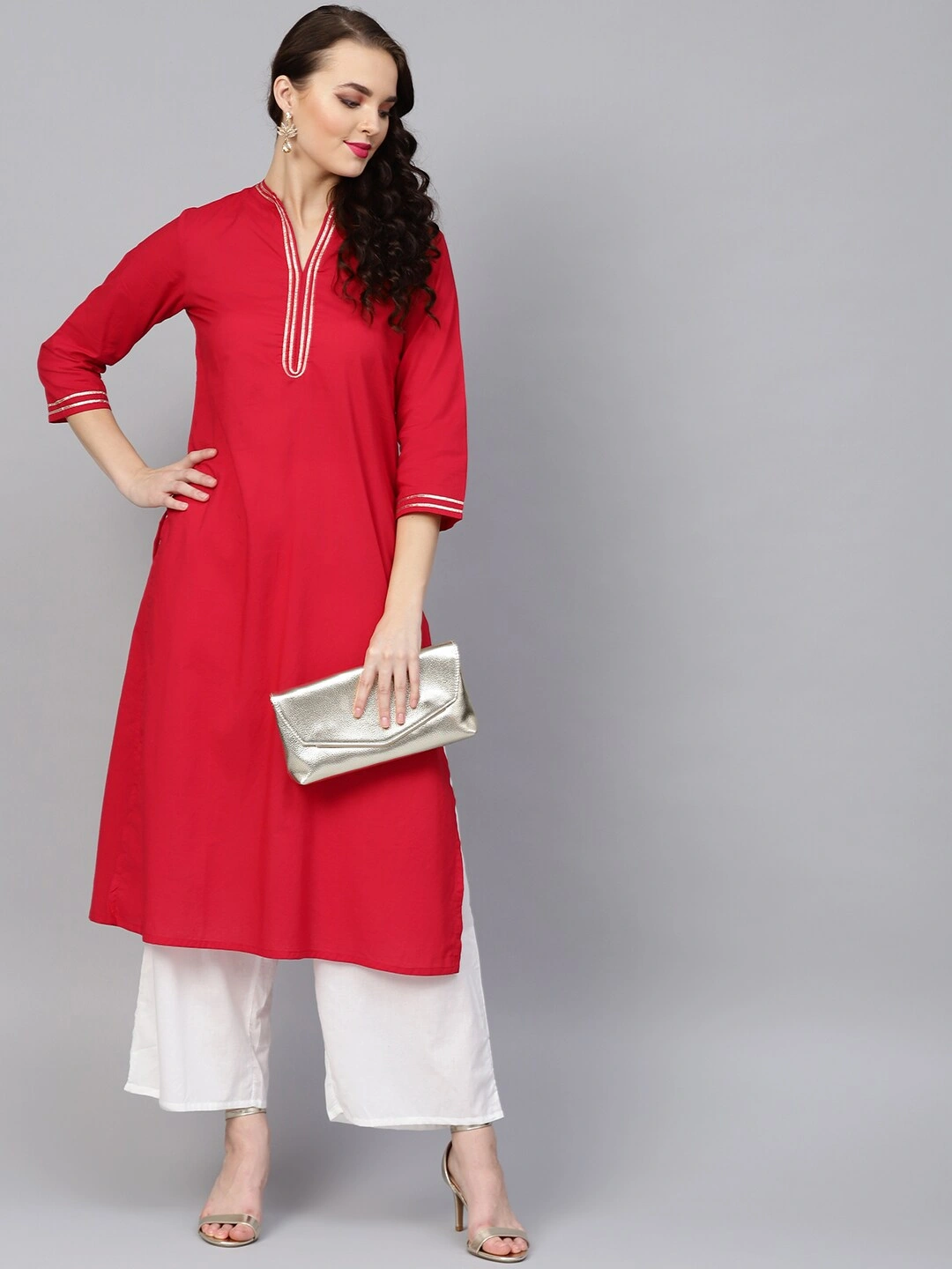 Bhama Couture Women Red &amp; White Solid Kurta with Palazzos-L-1