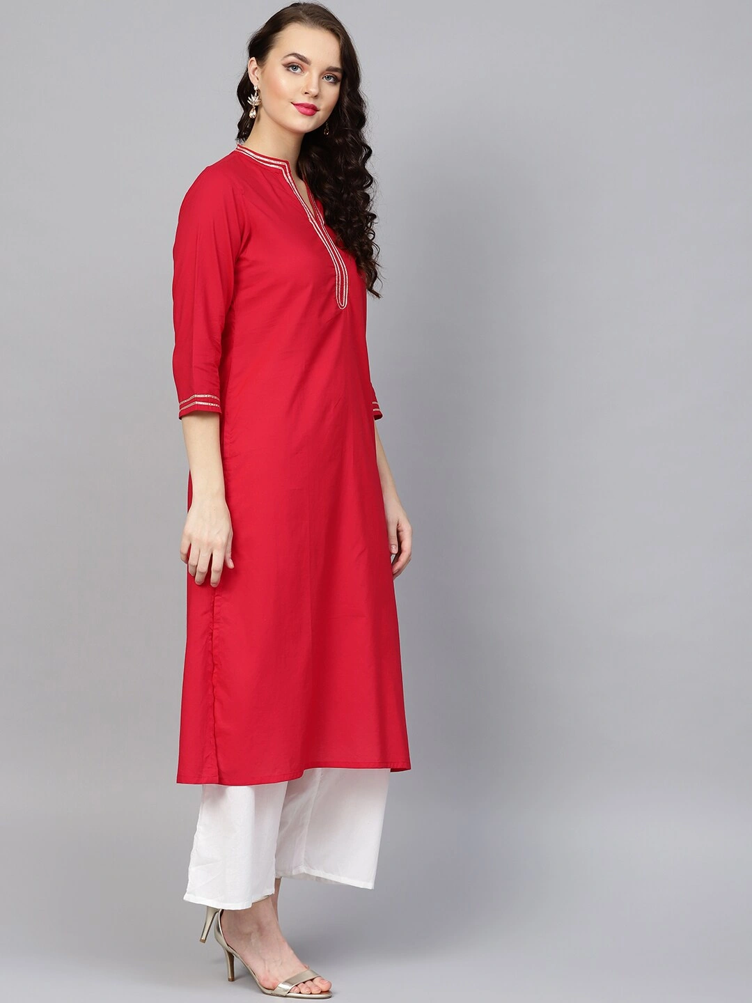 Bhama Couture Women Red &amp; White Solid Kurta with Palazzos-L-2