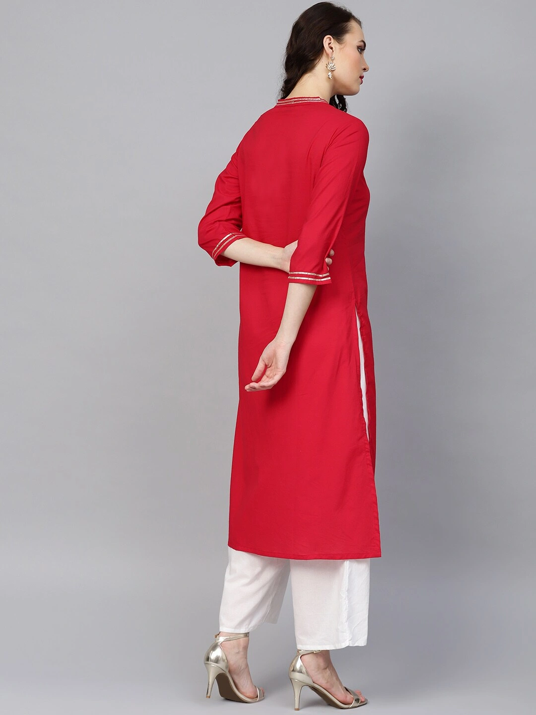 Bhama Couture Women Red &amp; White Solid Kurta with Palazzos-M-3