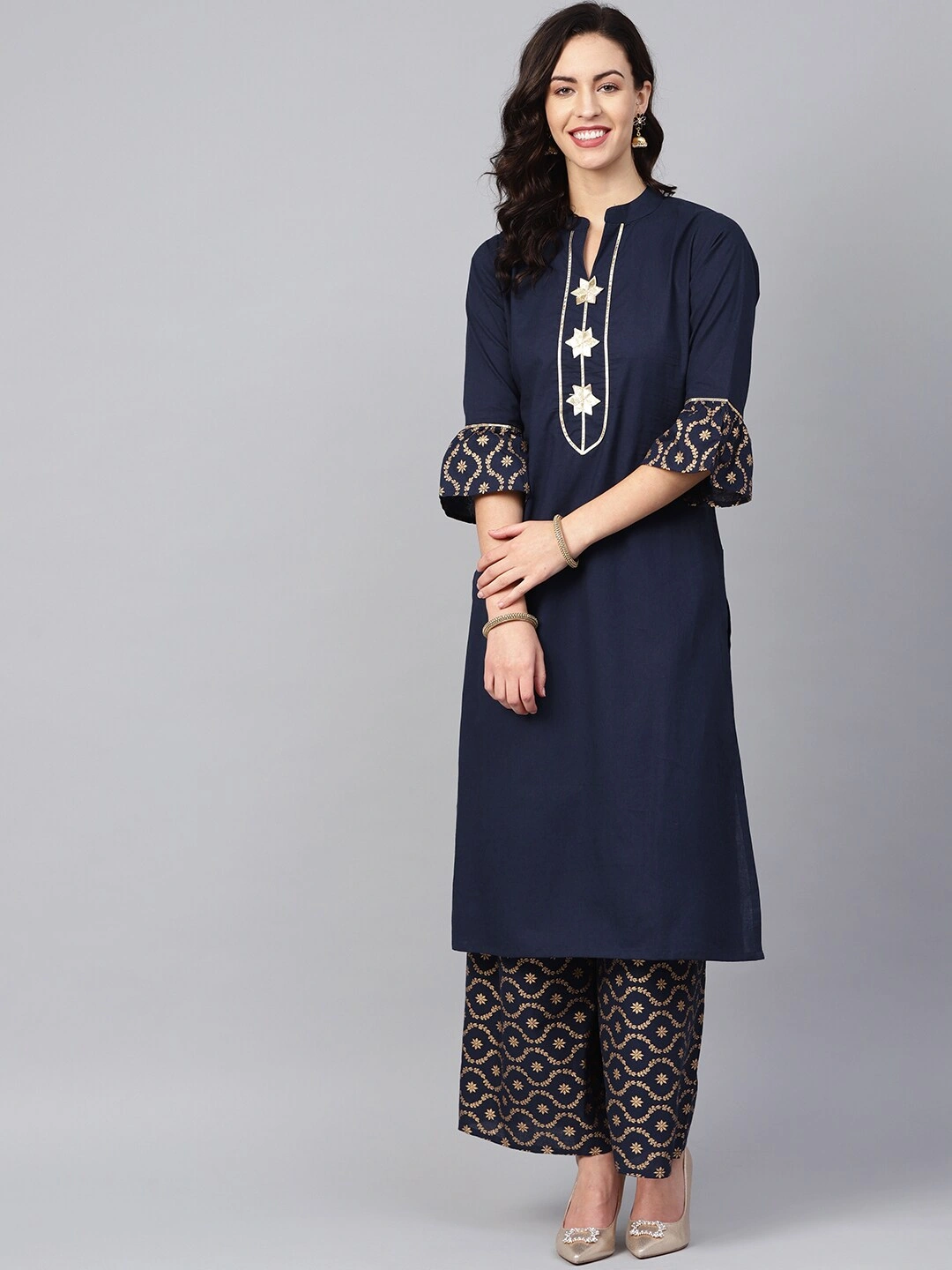 Bhama Couture Women Navy Blue Kurta with Palazzos-BHKS199_L