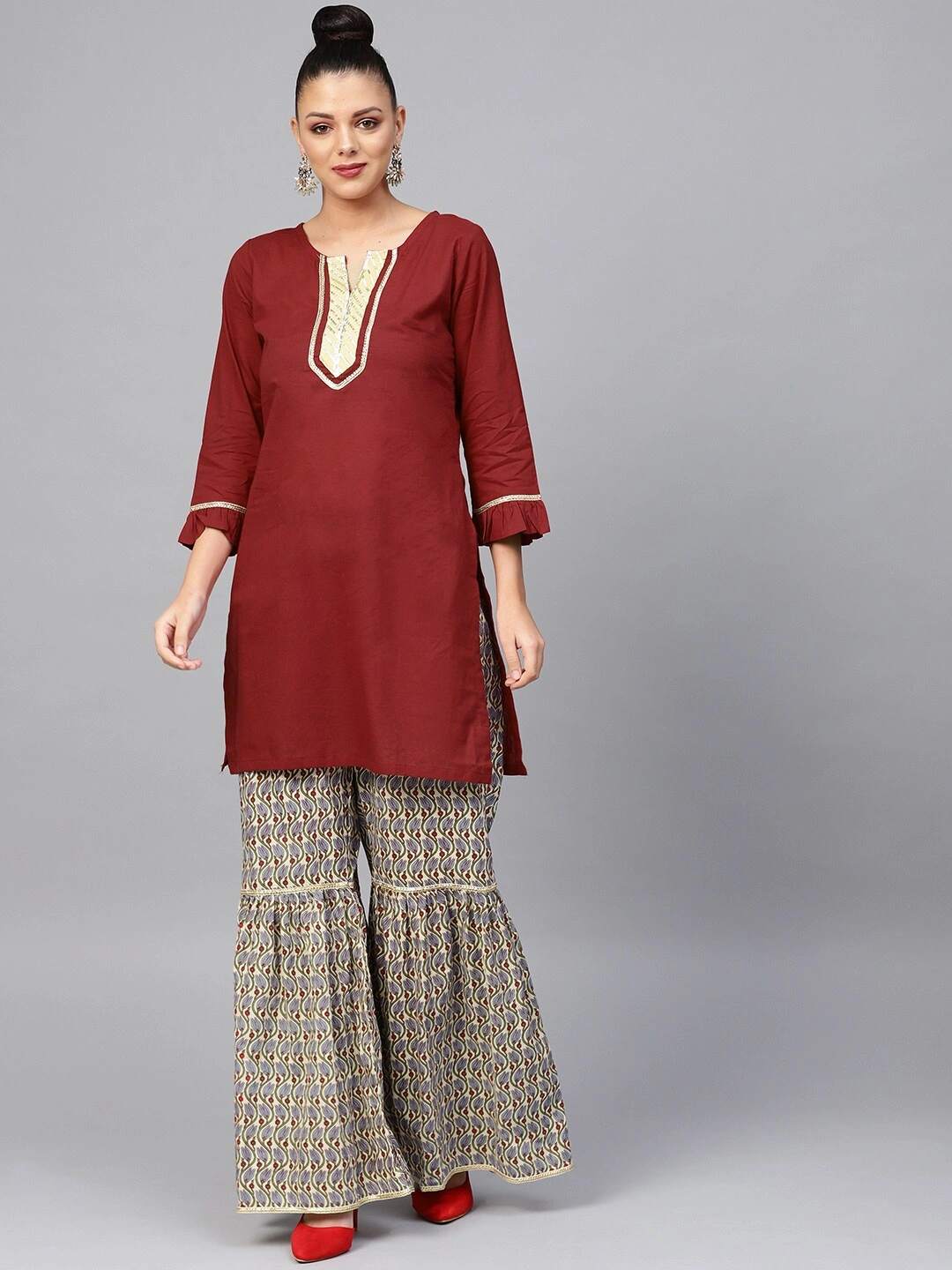 Bhama Couture Women Maroon &amp; Beige Solid Kurta with Sharara-BHKS200_L