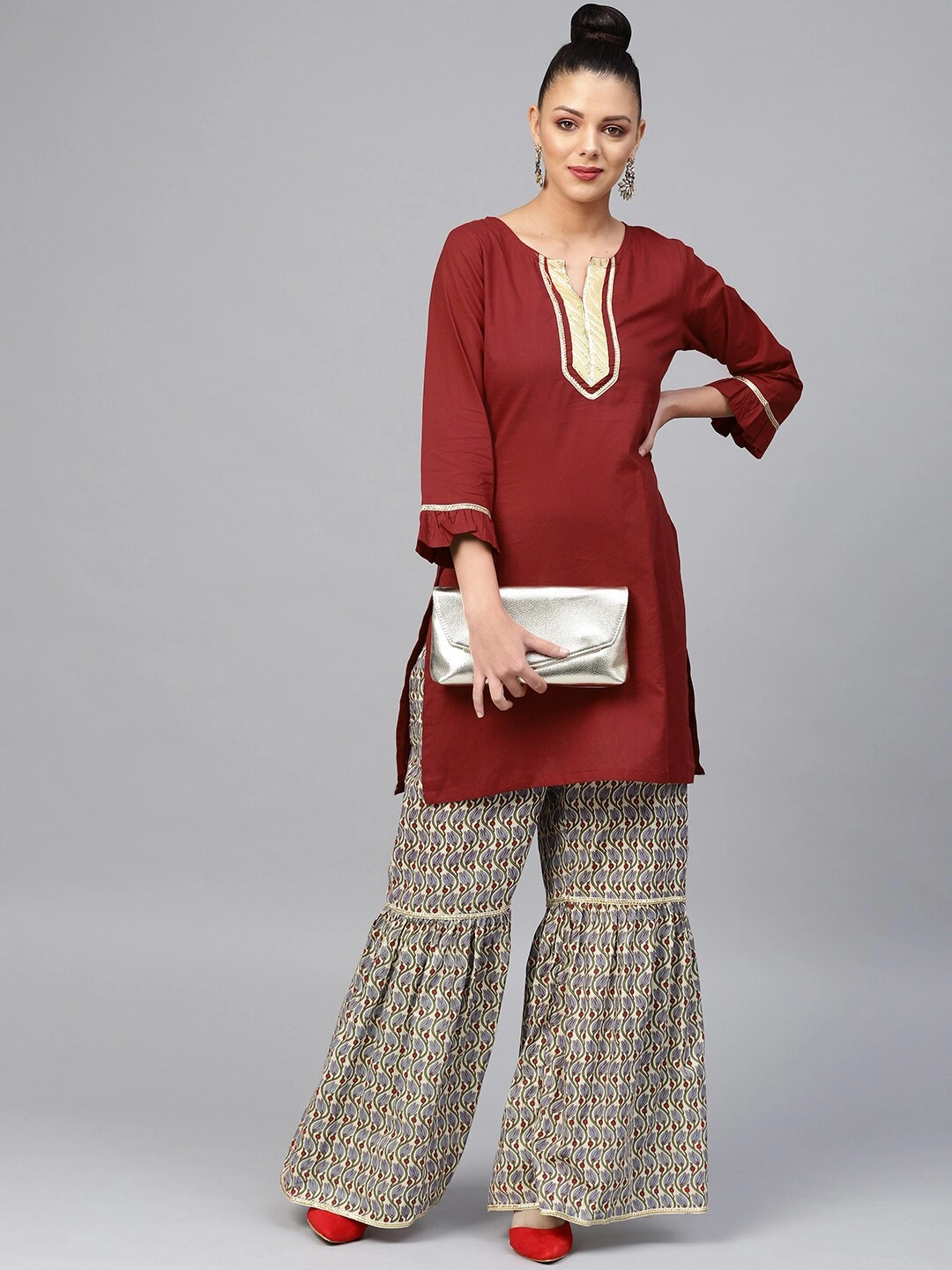 Bhama Couture Women Maroon &amp; Beige Solid Kurta with Sharara-L-1