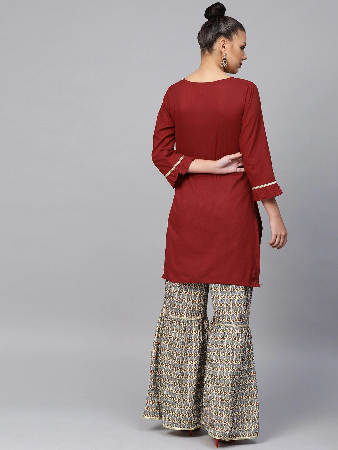 Bhama Couture Women Maroon &amp; Beige Solid Kurta with Sharara-M-3