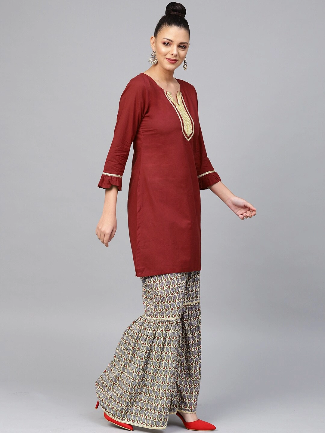 Bhama Couture Women Maroon &amp; Beige Solid Kurta with Sharara-S-2