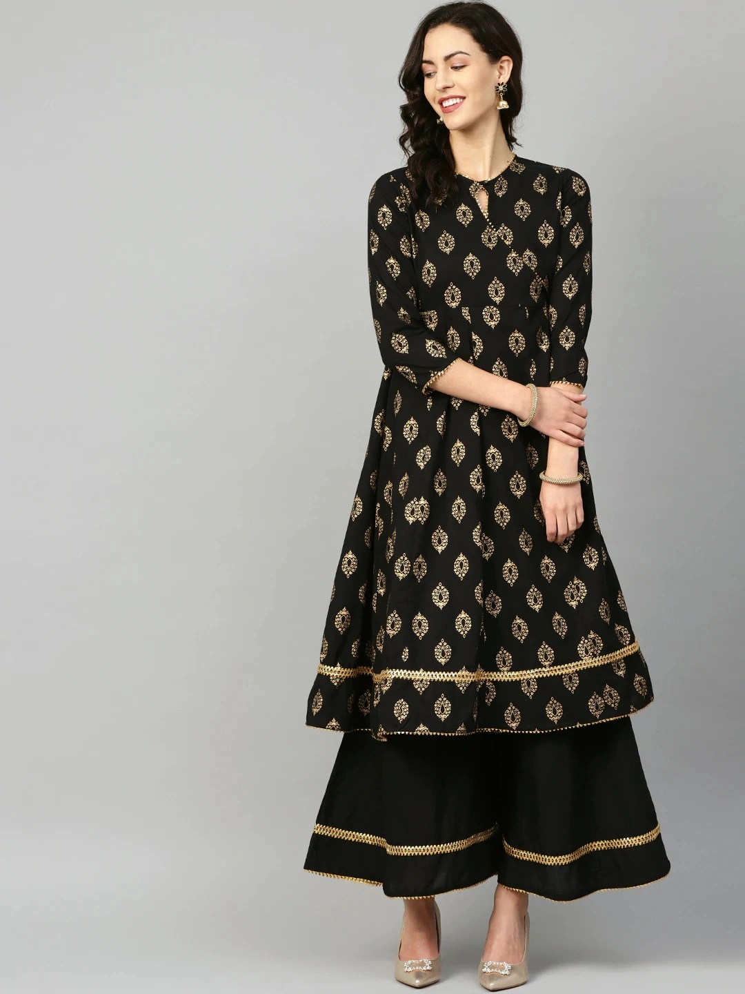 Bhama Couture Women Black &amp; Golden Printed Kurta with Palazzos-BHKS201_L