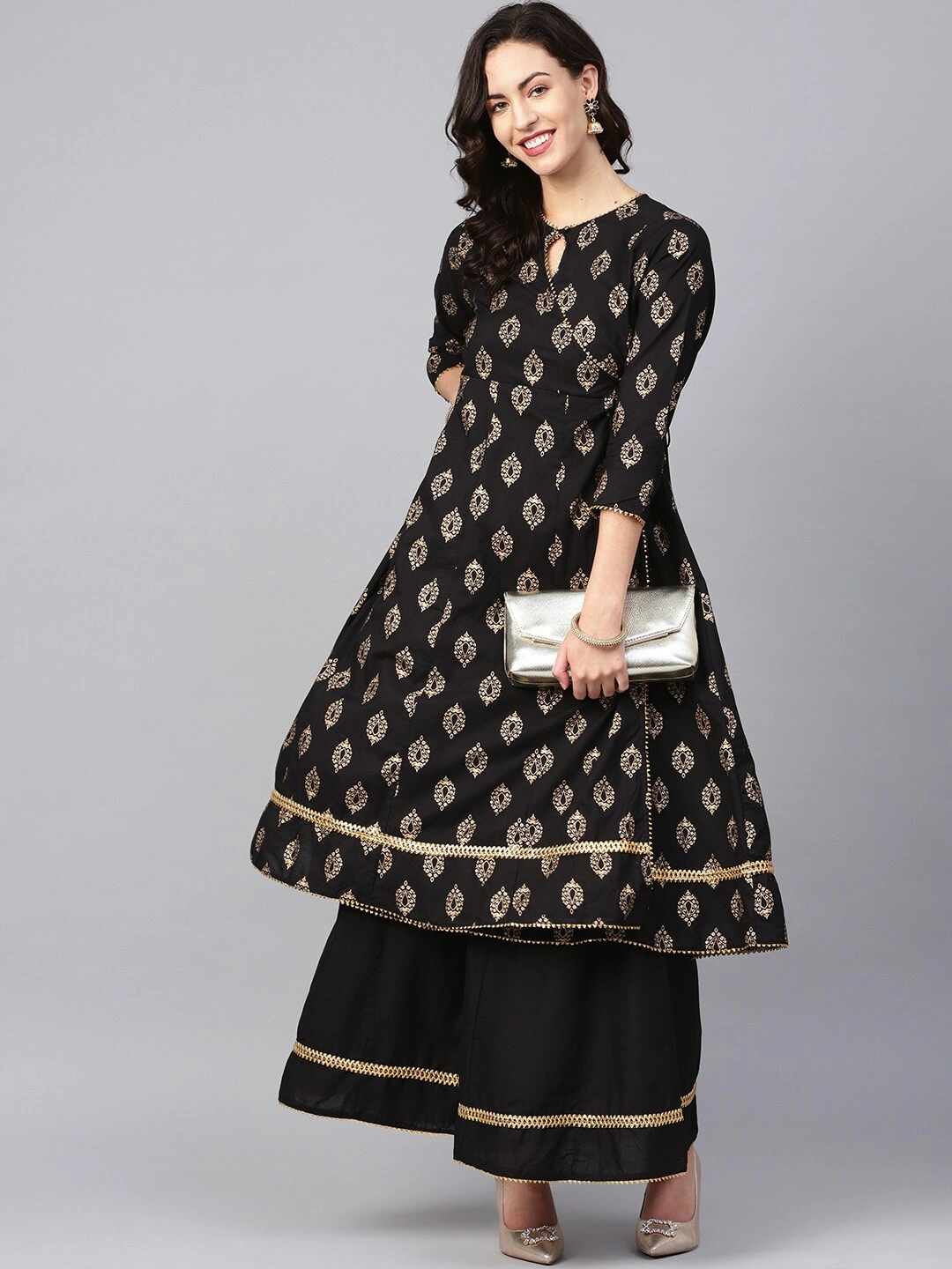 Bhama Couture Women Black &amp; Golden Printed Kurta with Palazzos-M-1