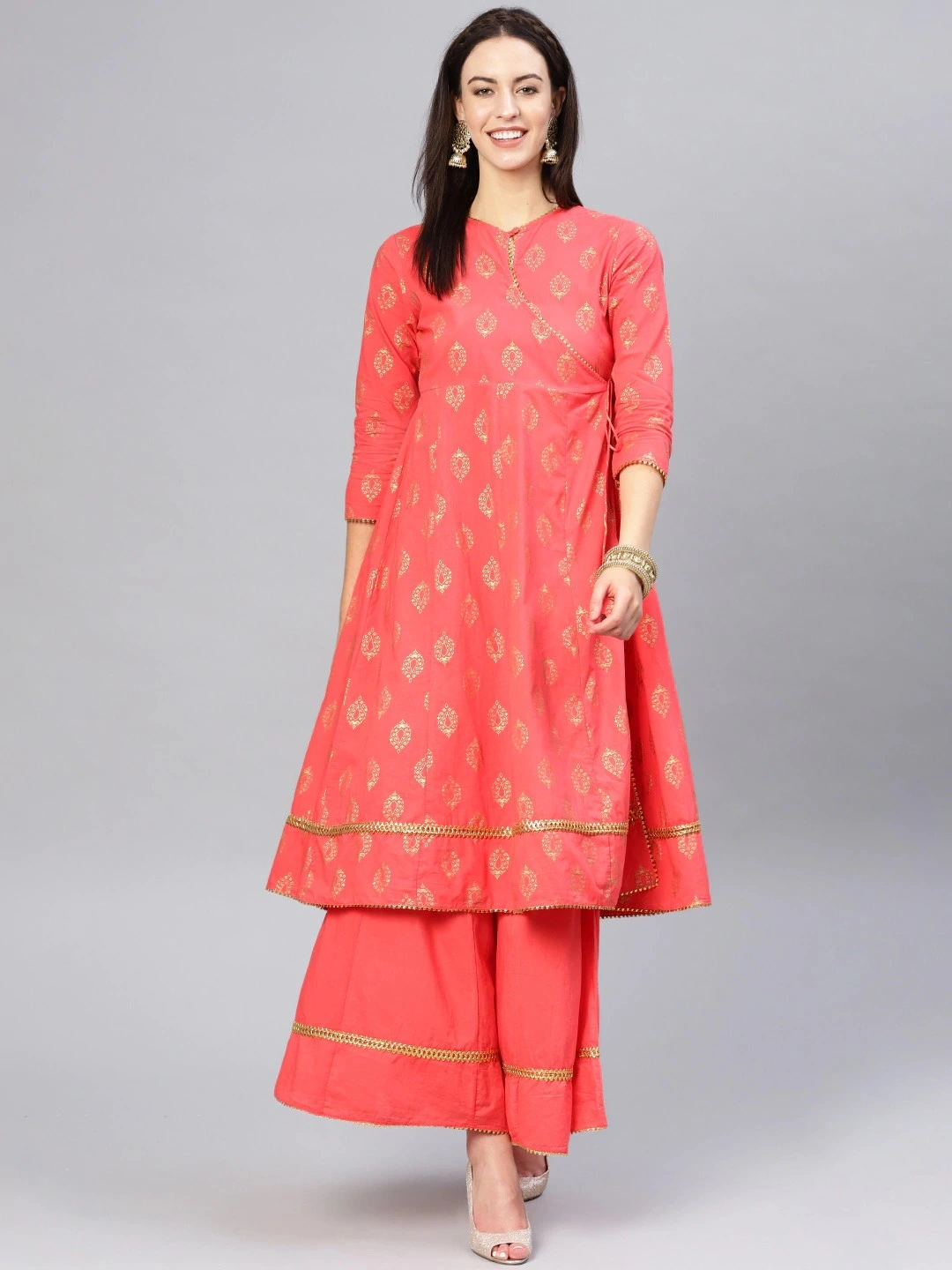 Bhama Couture Women Peach-Coloured &amp; Golden Printed Kurta with Palazzos-BHKS202_L