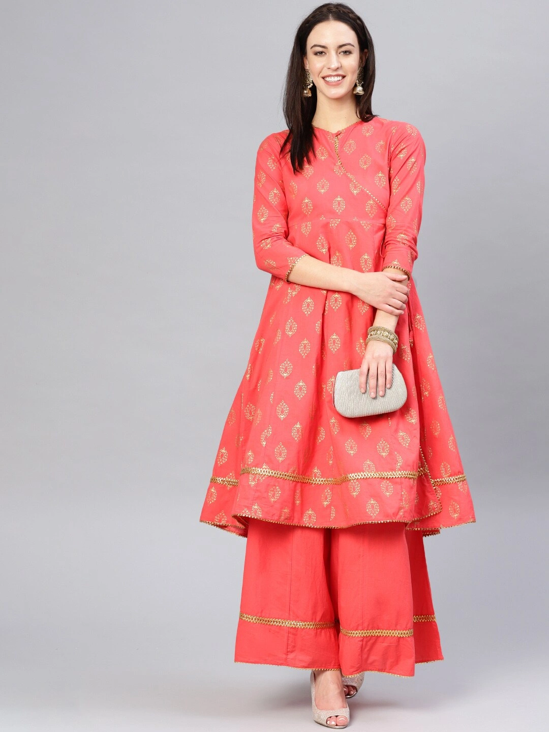 Bhama Couture Women Peach-Coloured &amp; Golden Printed Kurta with Palazzos-L-1